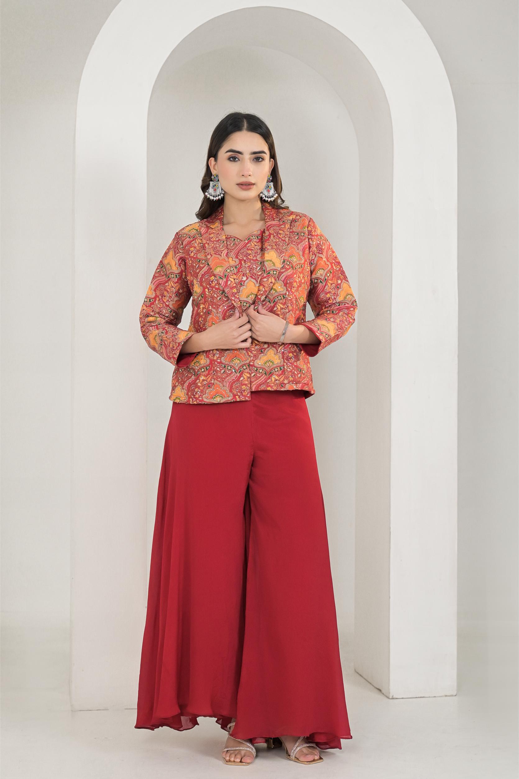 Red Printed Chanderi Silk Jacket & Palazzo Set