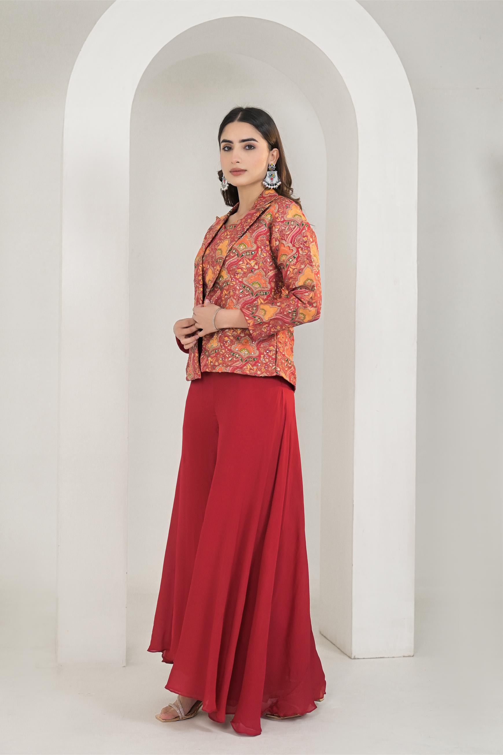 Red Printed Chanderi Silk Jacket & Palazzo Set