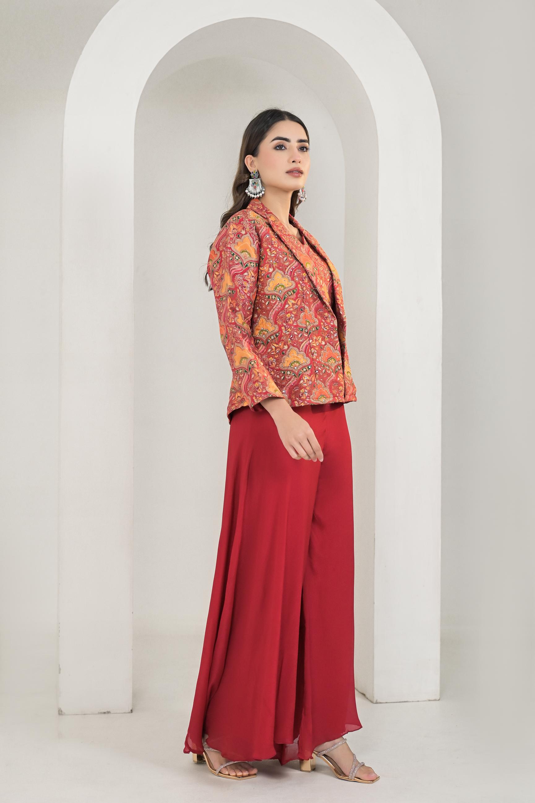 Red Printed Chanderi Silk Jacket & Palazzo Set