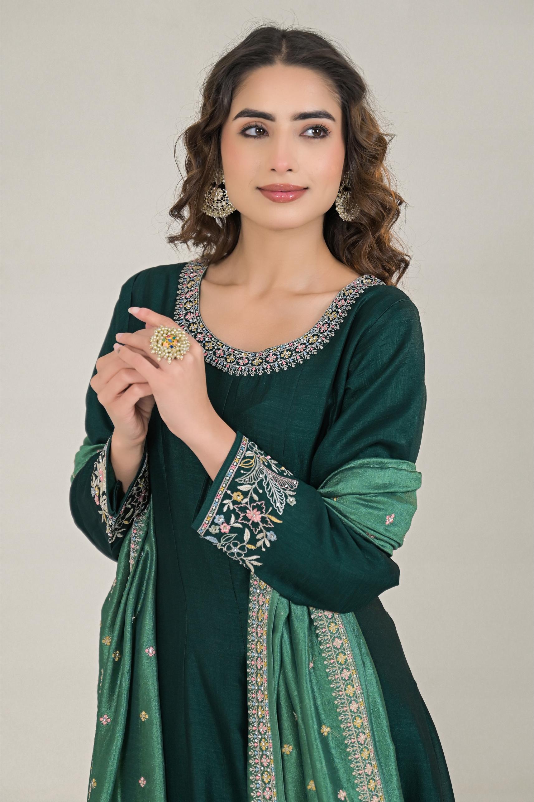 Deep Green Embroidered Premium Silk Anarkali Set