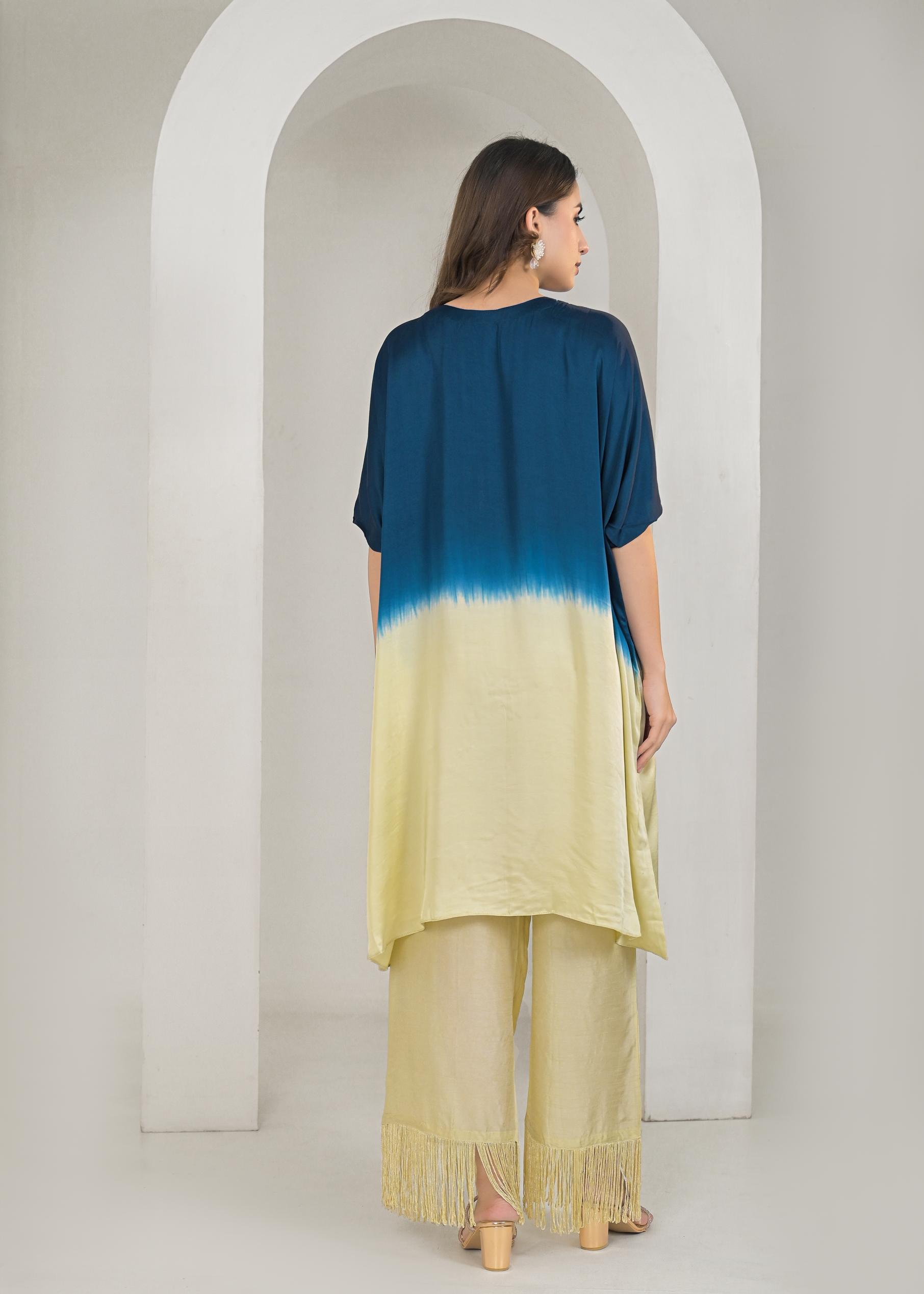 Dark Blue Ombre-Dyed Satin Silk Kaftan Set