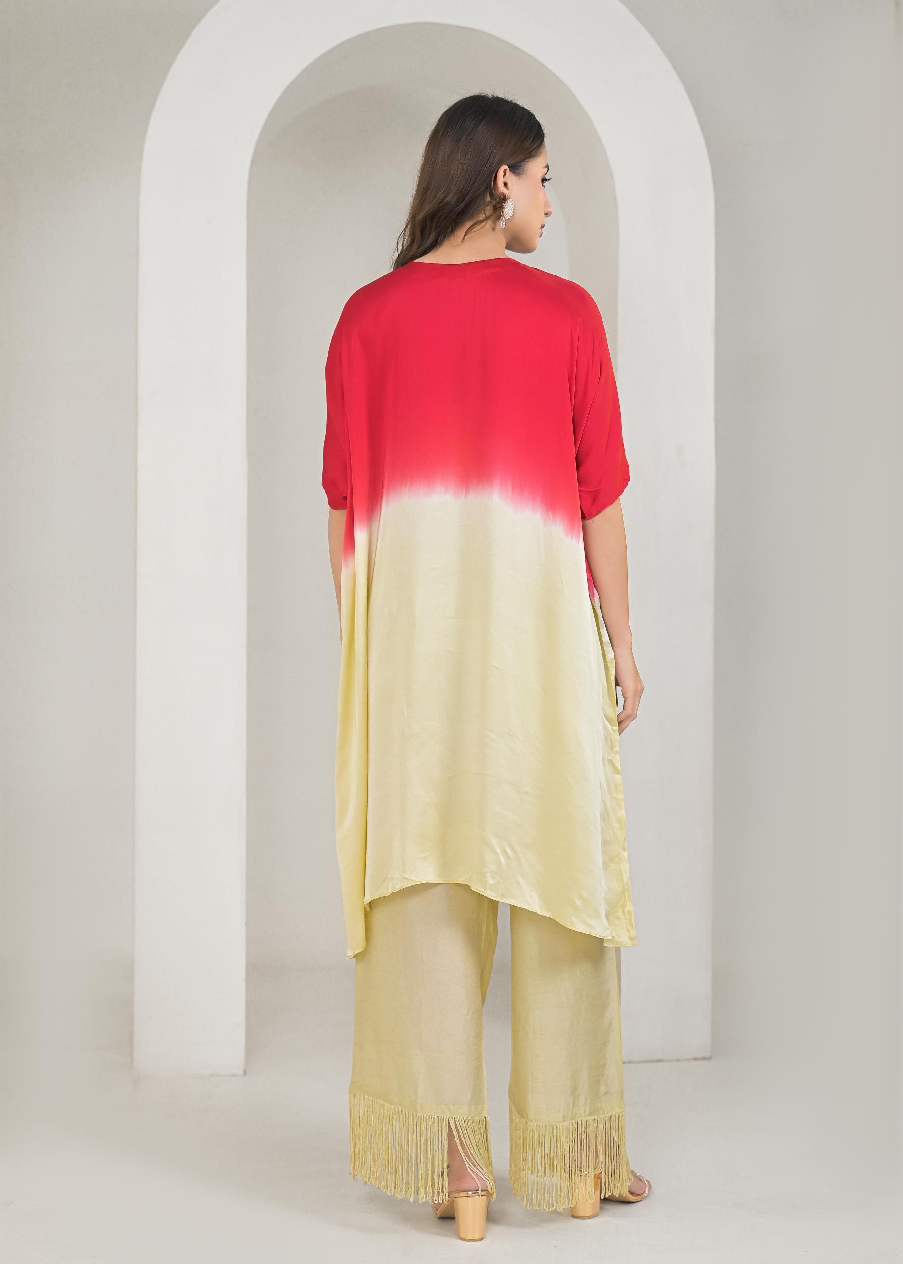 Red Ombre-Dyed Satin Silk Kaftan Set