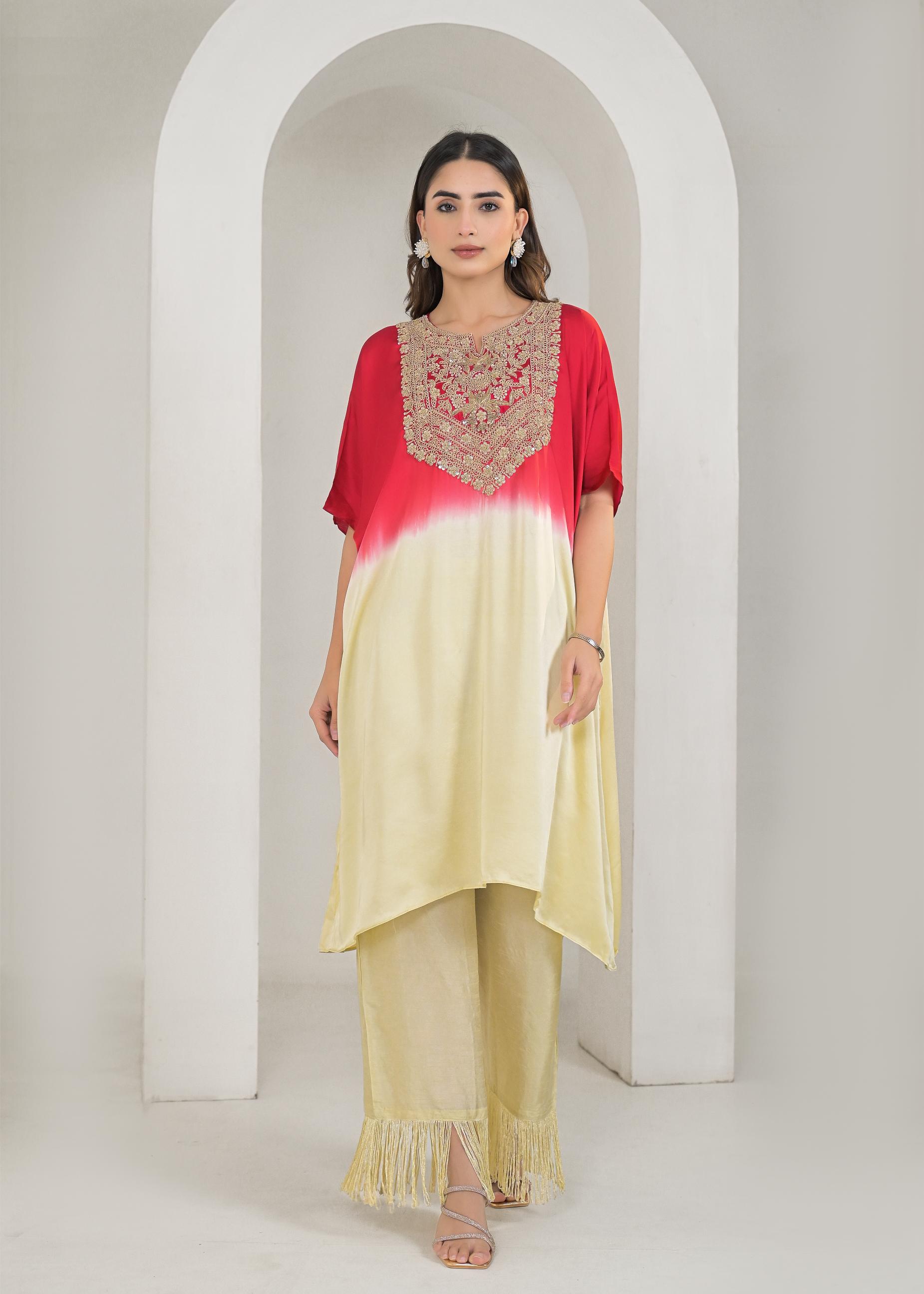 Red Ombre-Dyed Satin Silk Kaftan Set