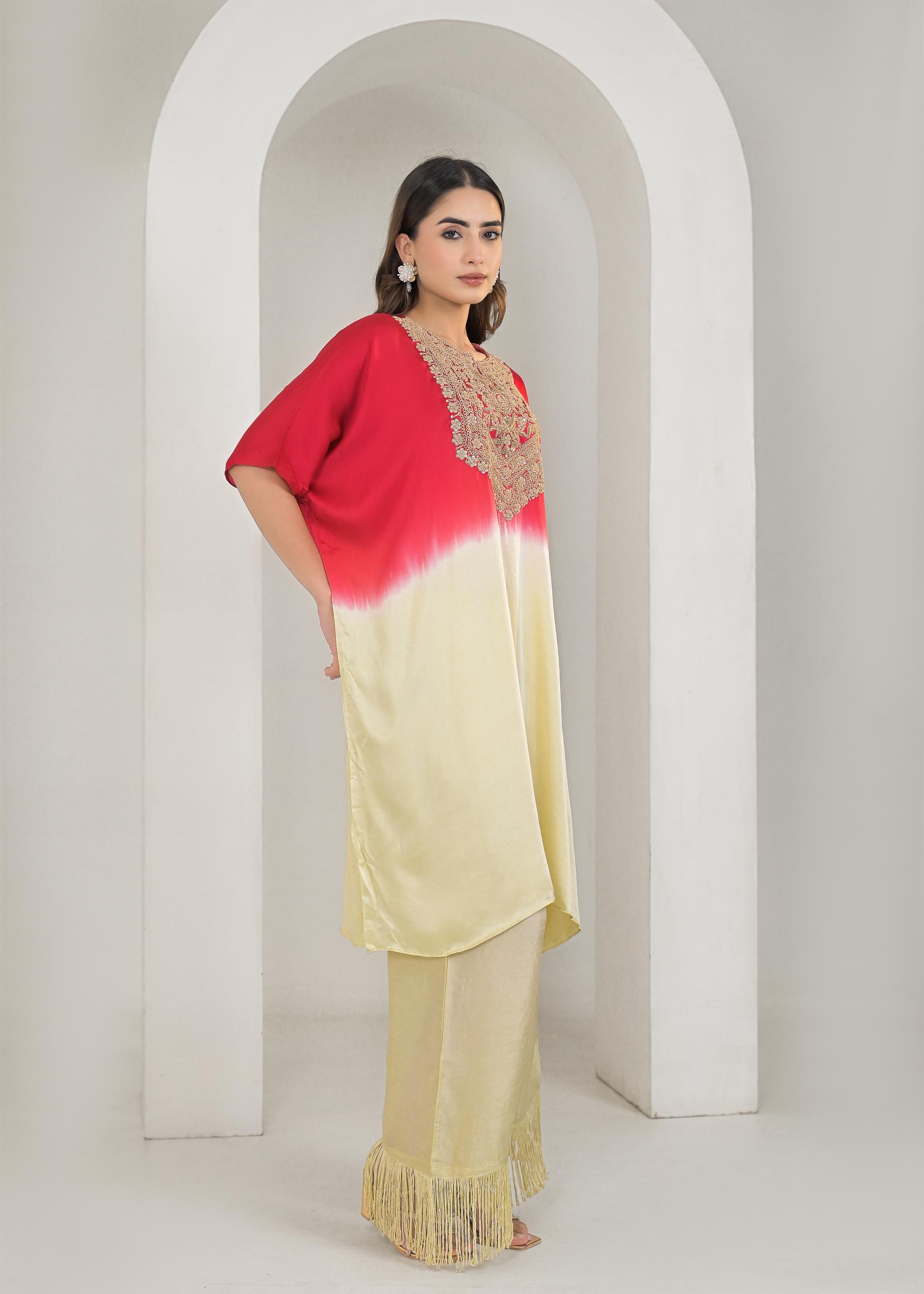 Red Ombre-Dyed Satin Silk Kaftan Set