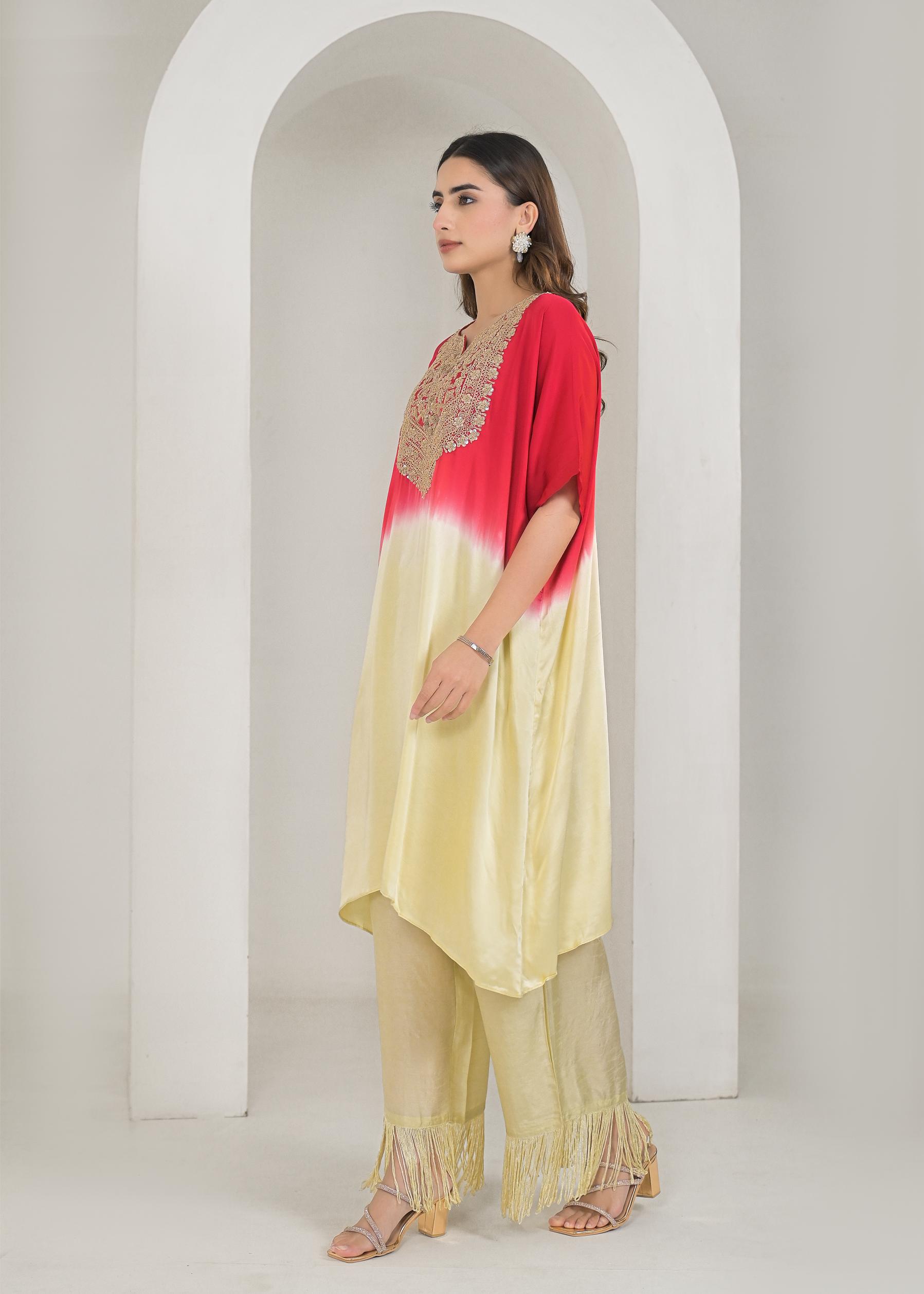 Red Ombre-Dyed Satin Silk Kaftan Set