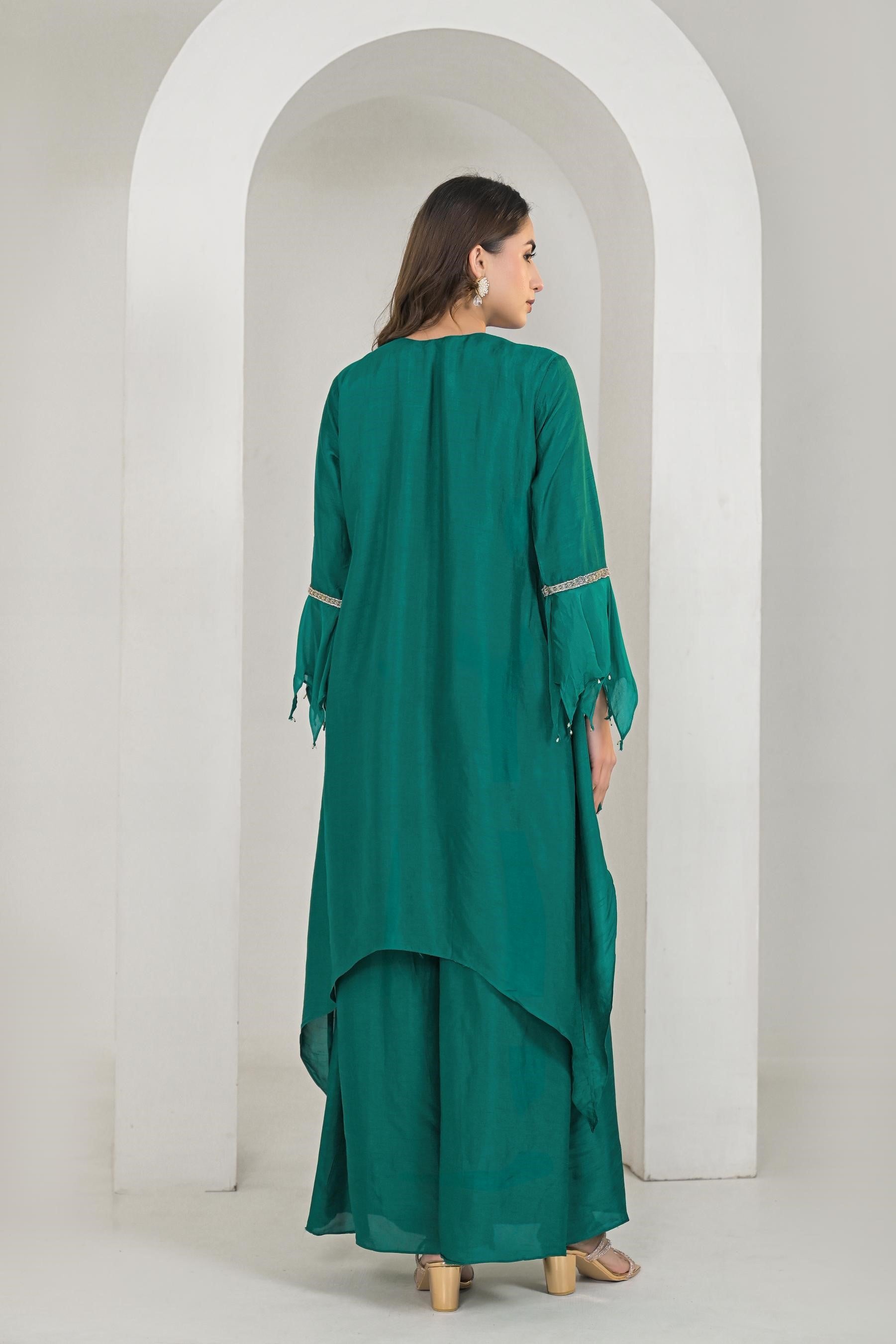 Emerald Green Embroidered Raw Silk Palazzo Set