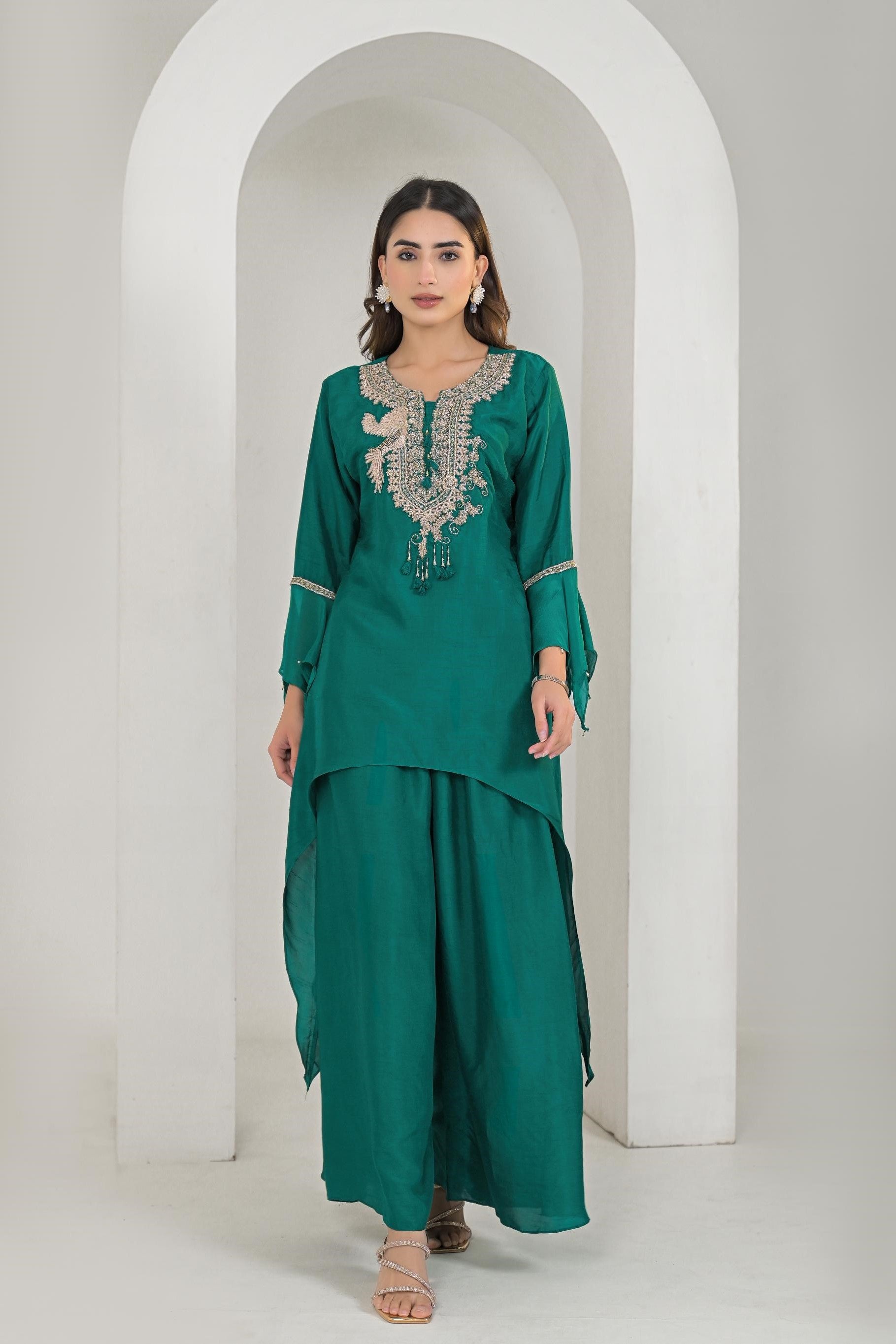 Emerald Green Embroidered Raw Silk Palazzo Set