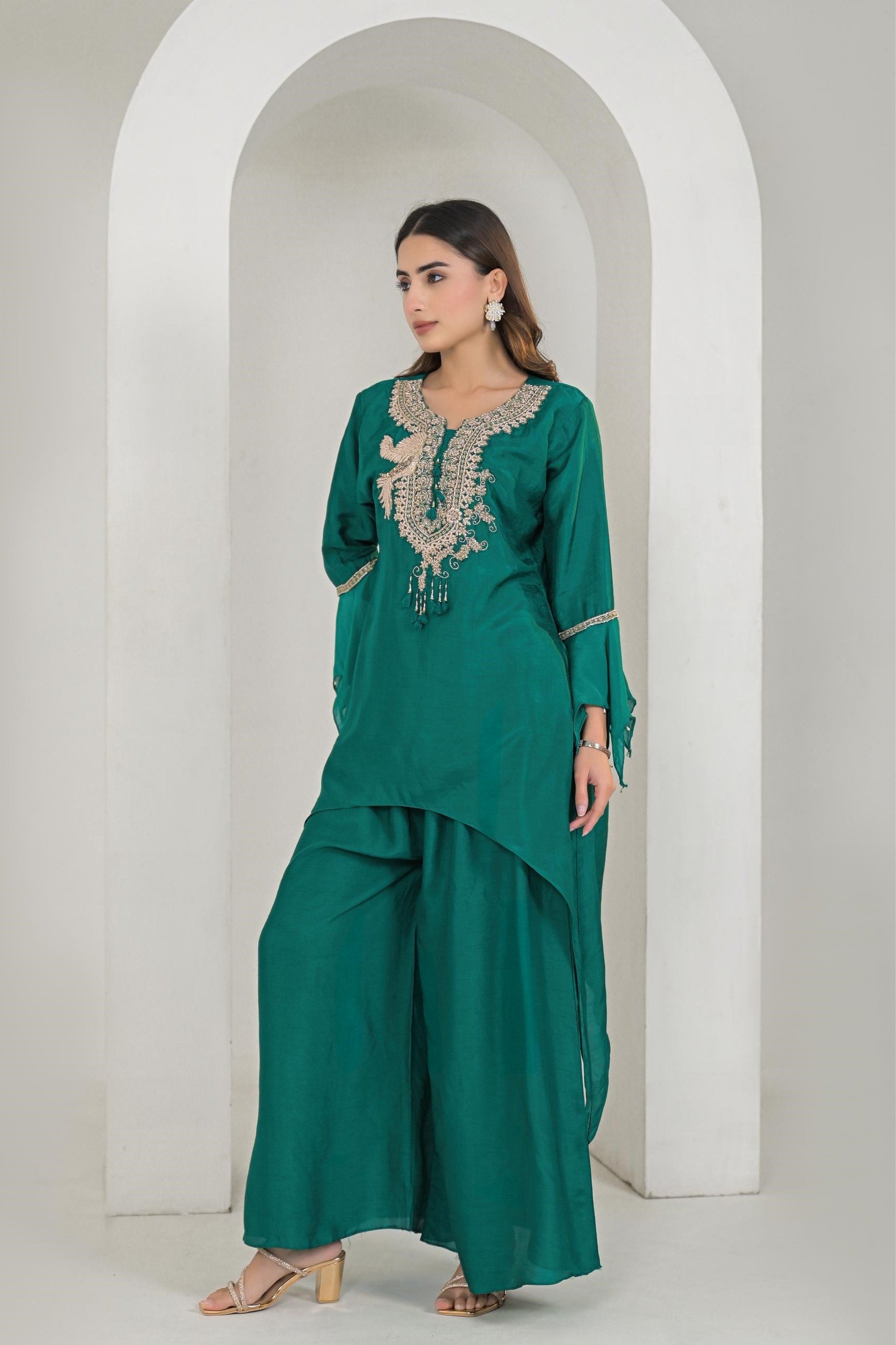 Emerald Green Embroidered Raw Silk Palazzo Set