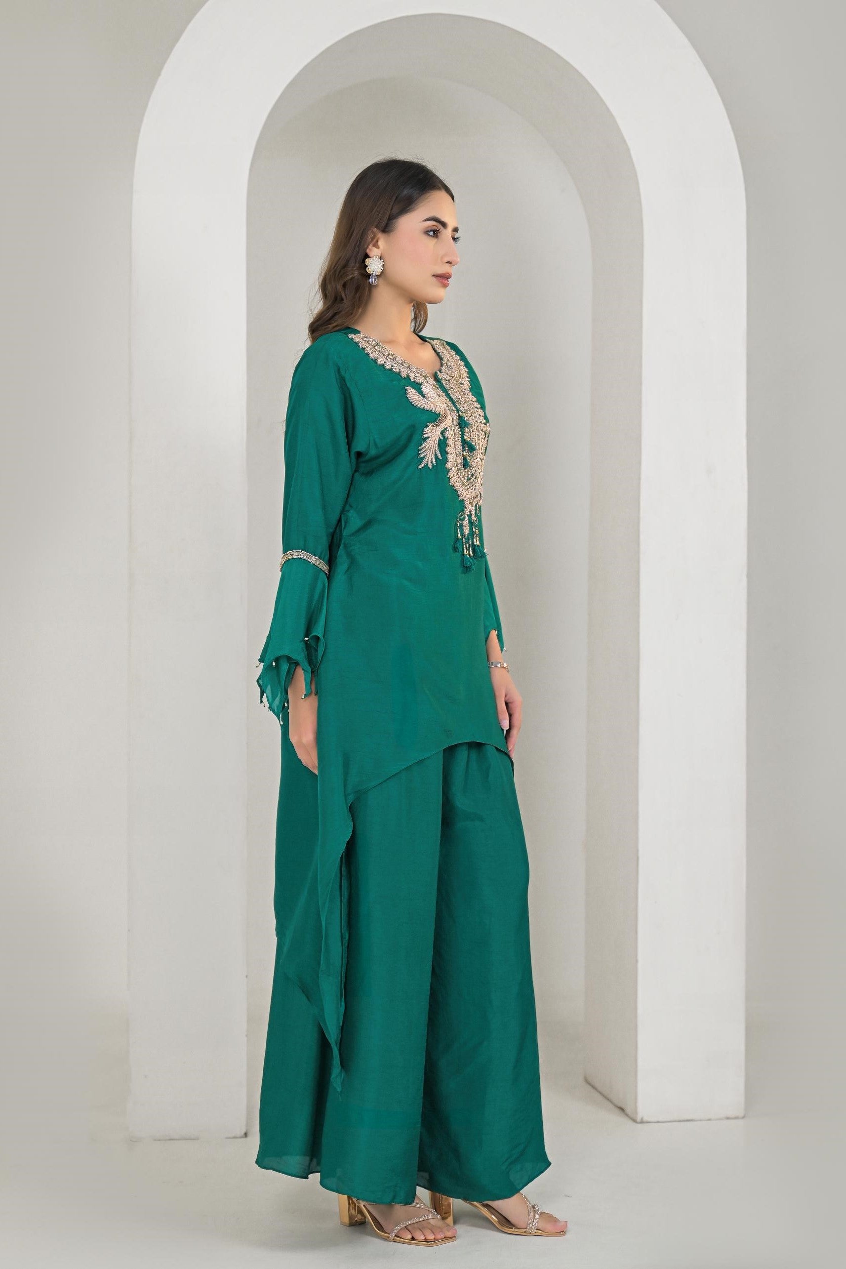 Emerald Green Embroidered Raw Silk Palazzo Set