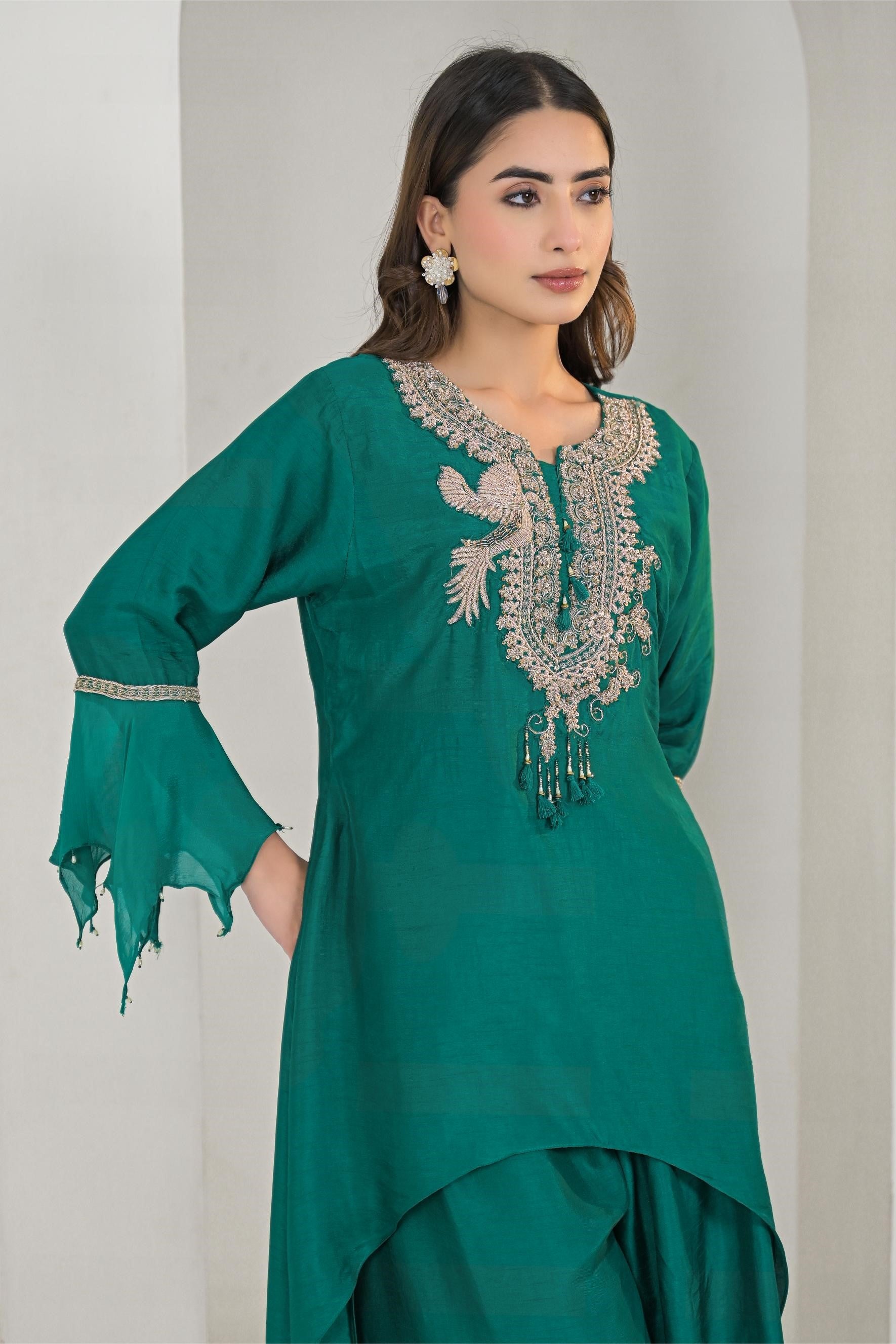 Emerald Green Embroidered Raw Silk Palazzo Set