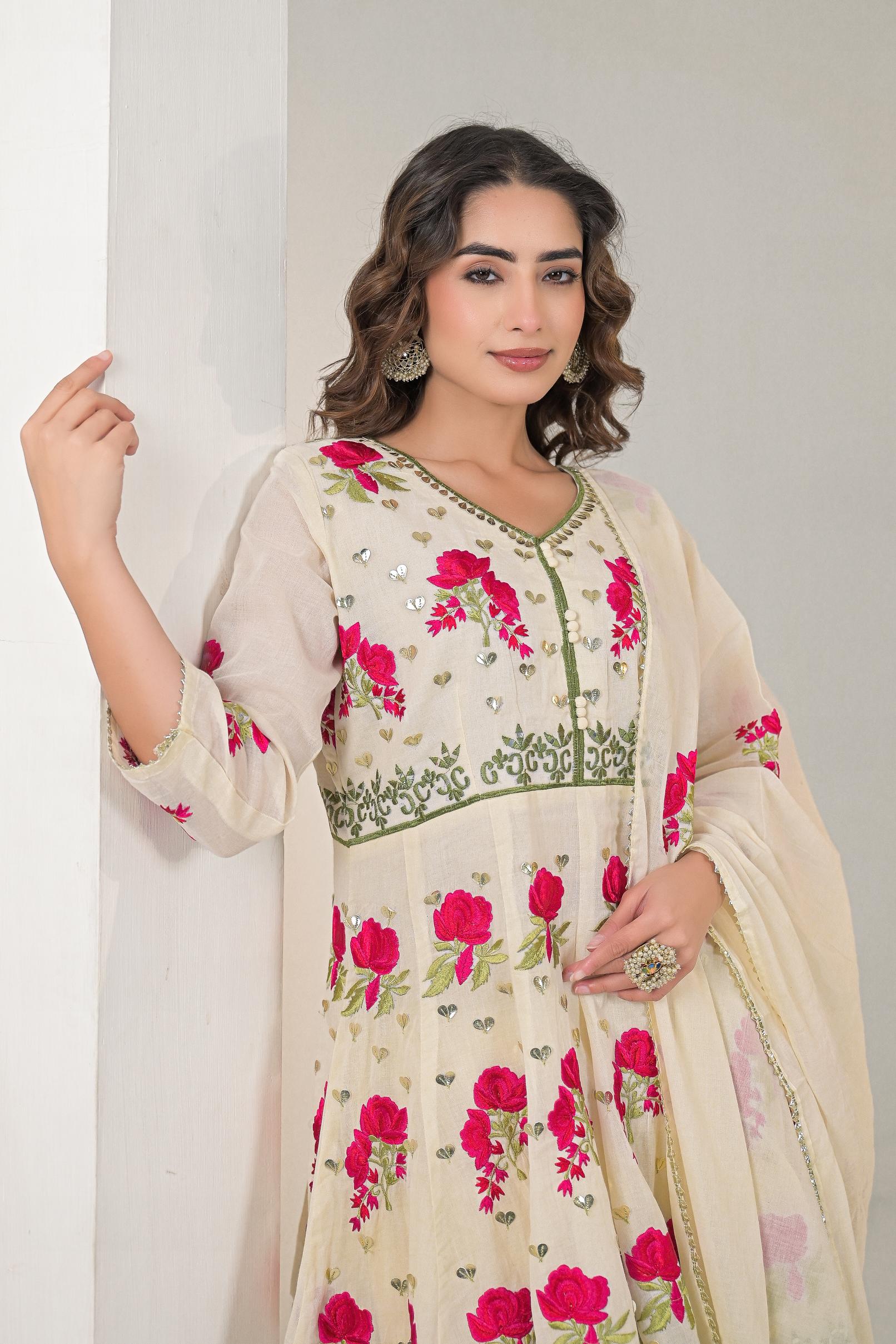 Off White Floral Embroidered Cotton Silk Sharara Set