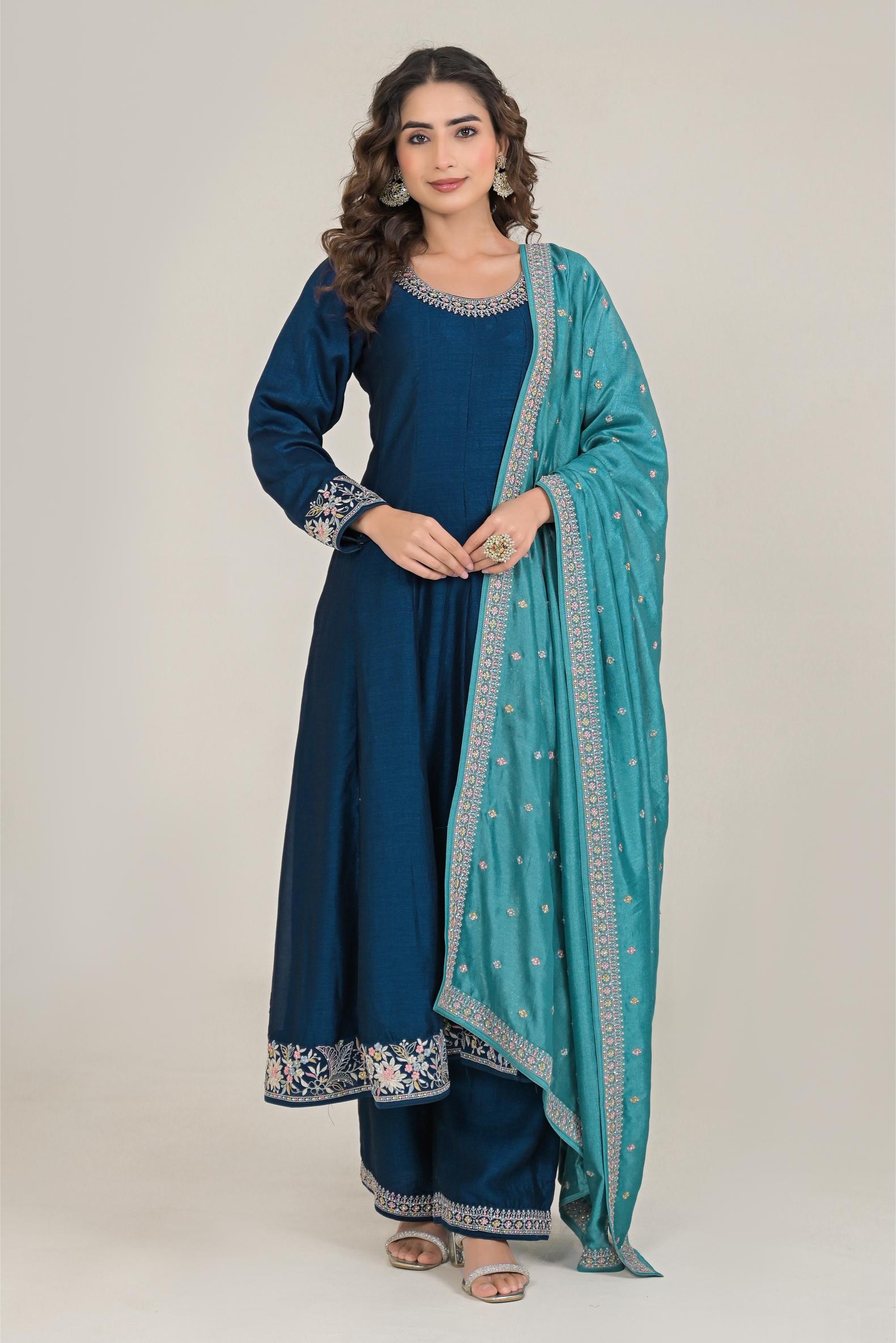 Deep Blue Embroidered Premium Silk Anarkali Set