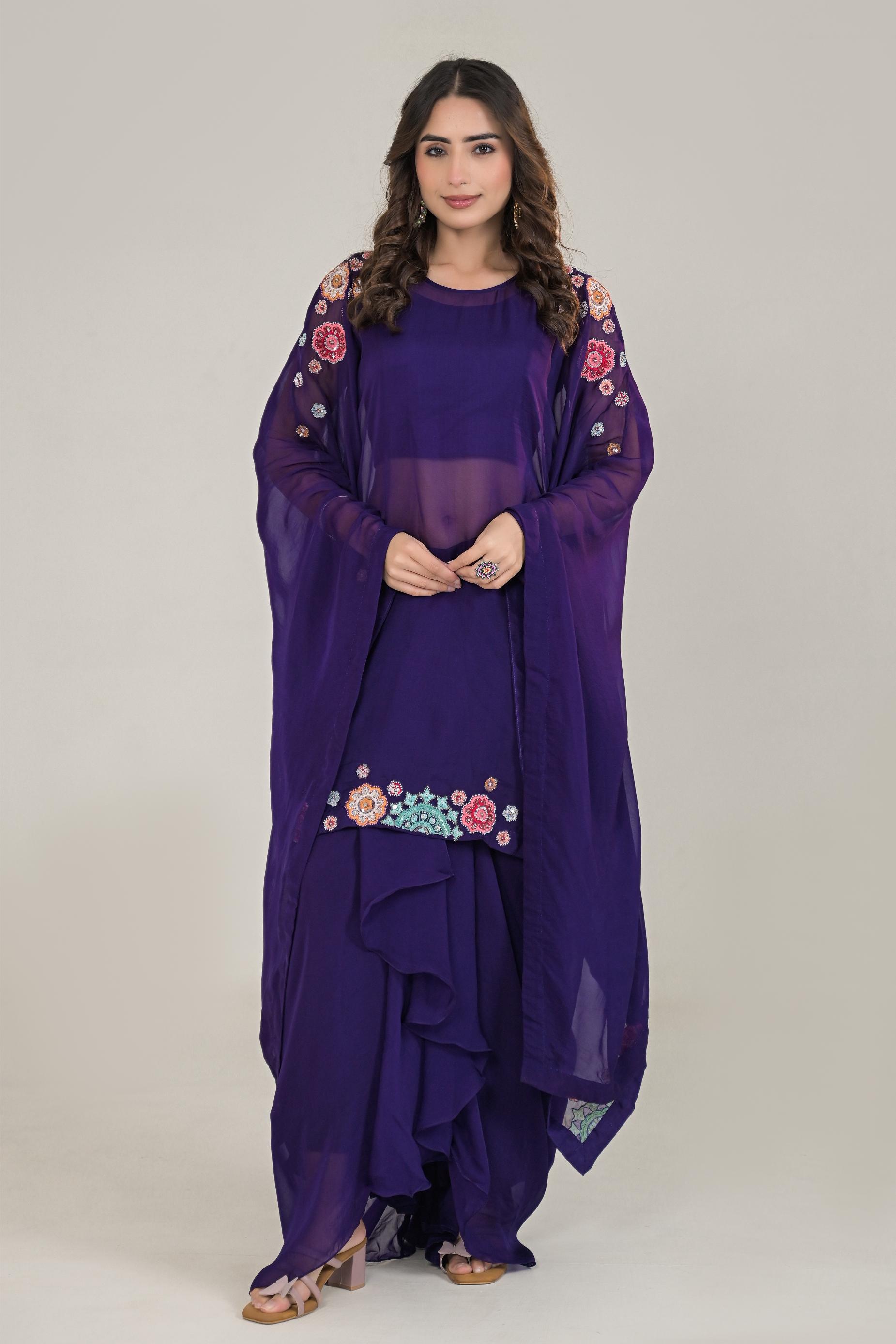 Purple Embroidered Organza Silk Kaftan & Skirt Set