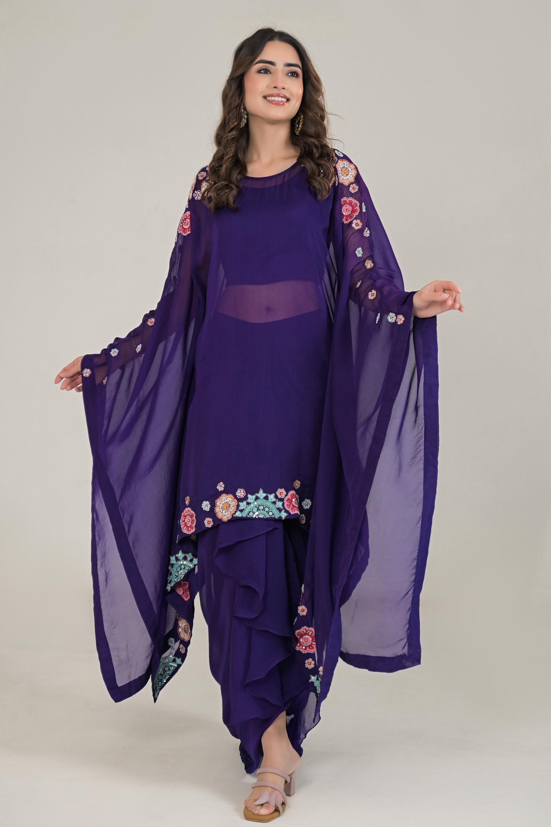 Purple Embroidered Organza Silk Kaftan & Skirt Set