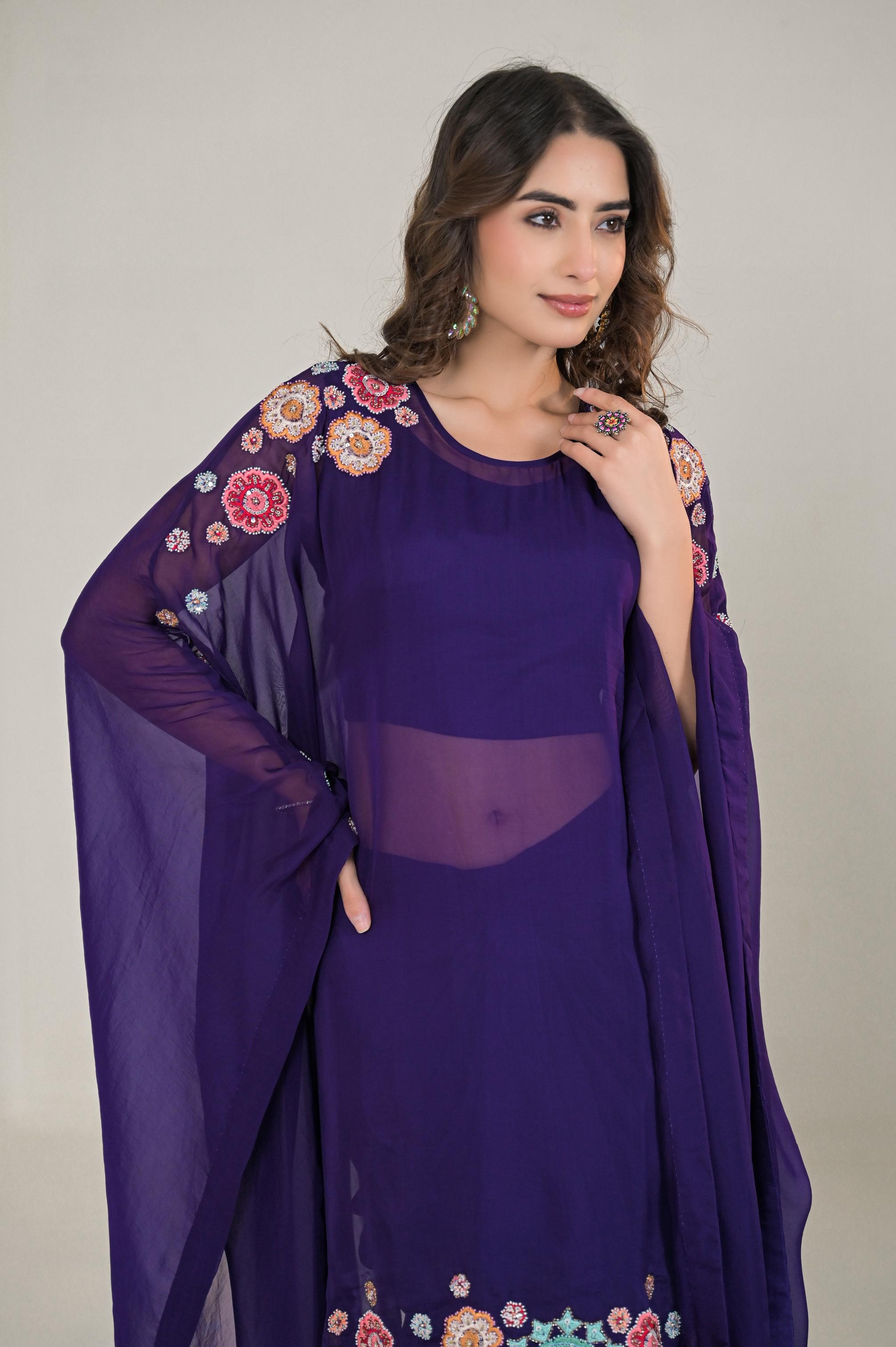 Purple Embroidered Organza Silk Kaftan & Skirt Set