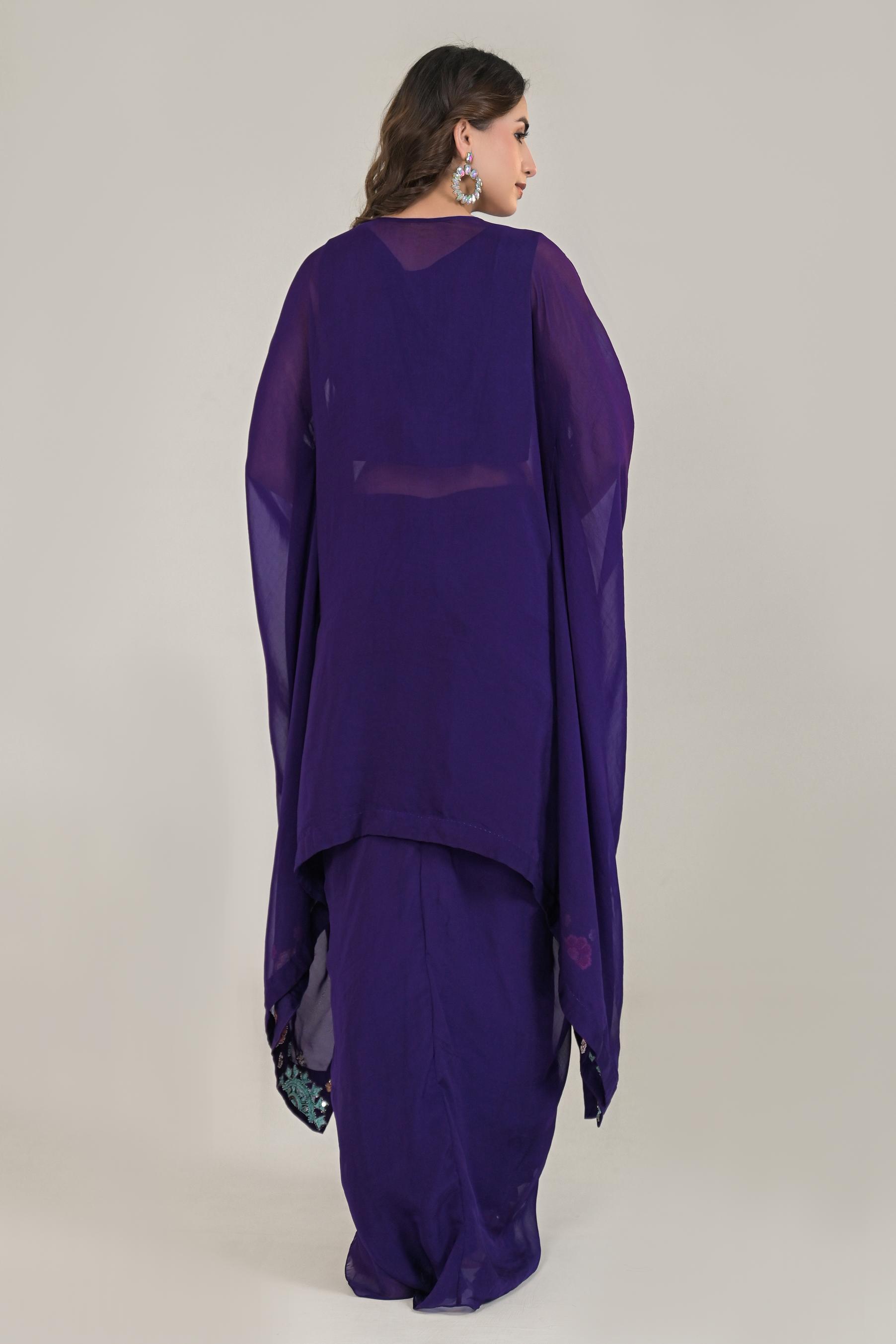 Purple Embroidered Organza Silk Kaftan & Skirt Set