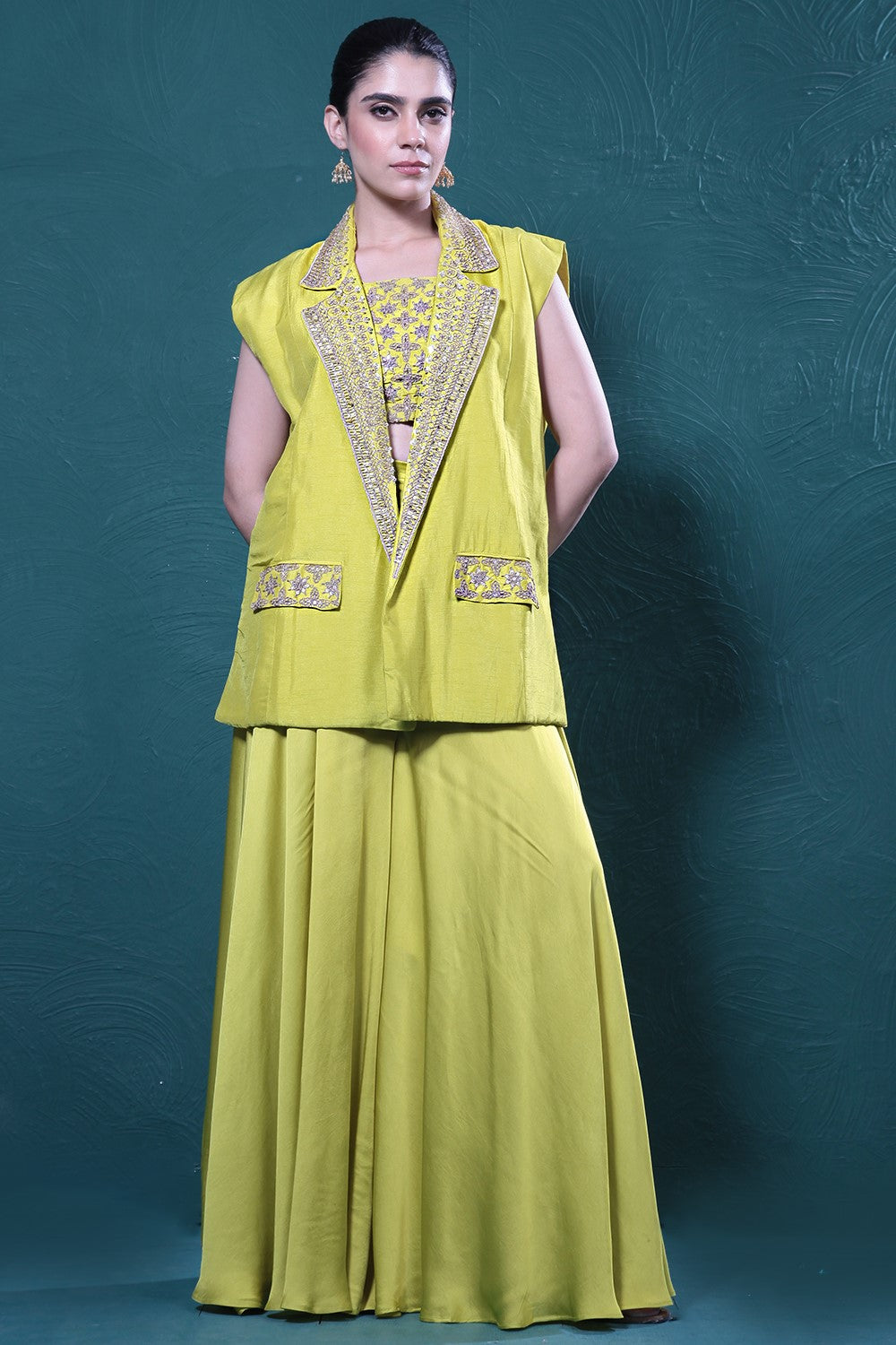 Pear Green Embroidered Jacket & Palazzo Set