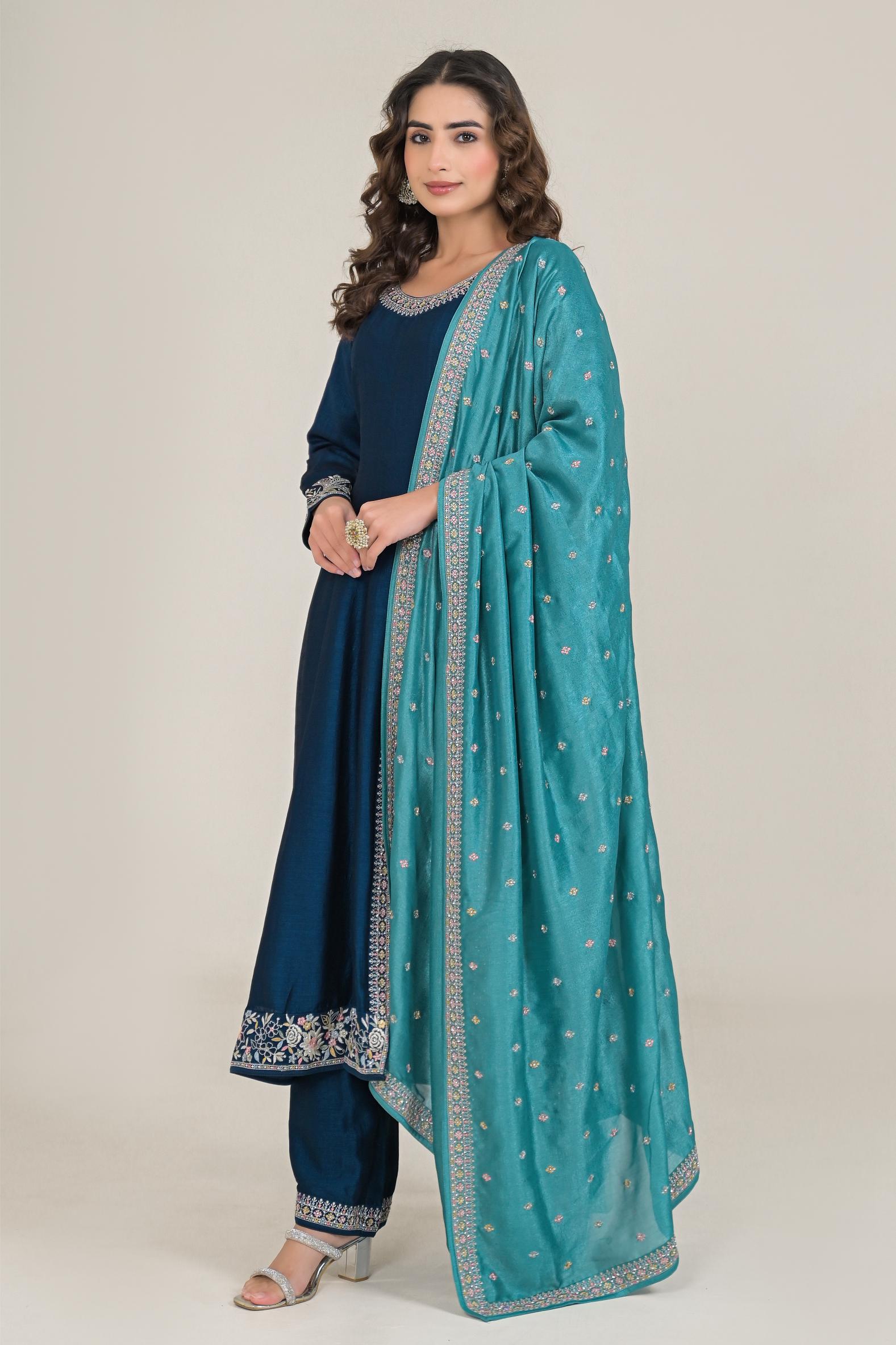 Deep Blue Embroidered Premium Silk Anarkali Set