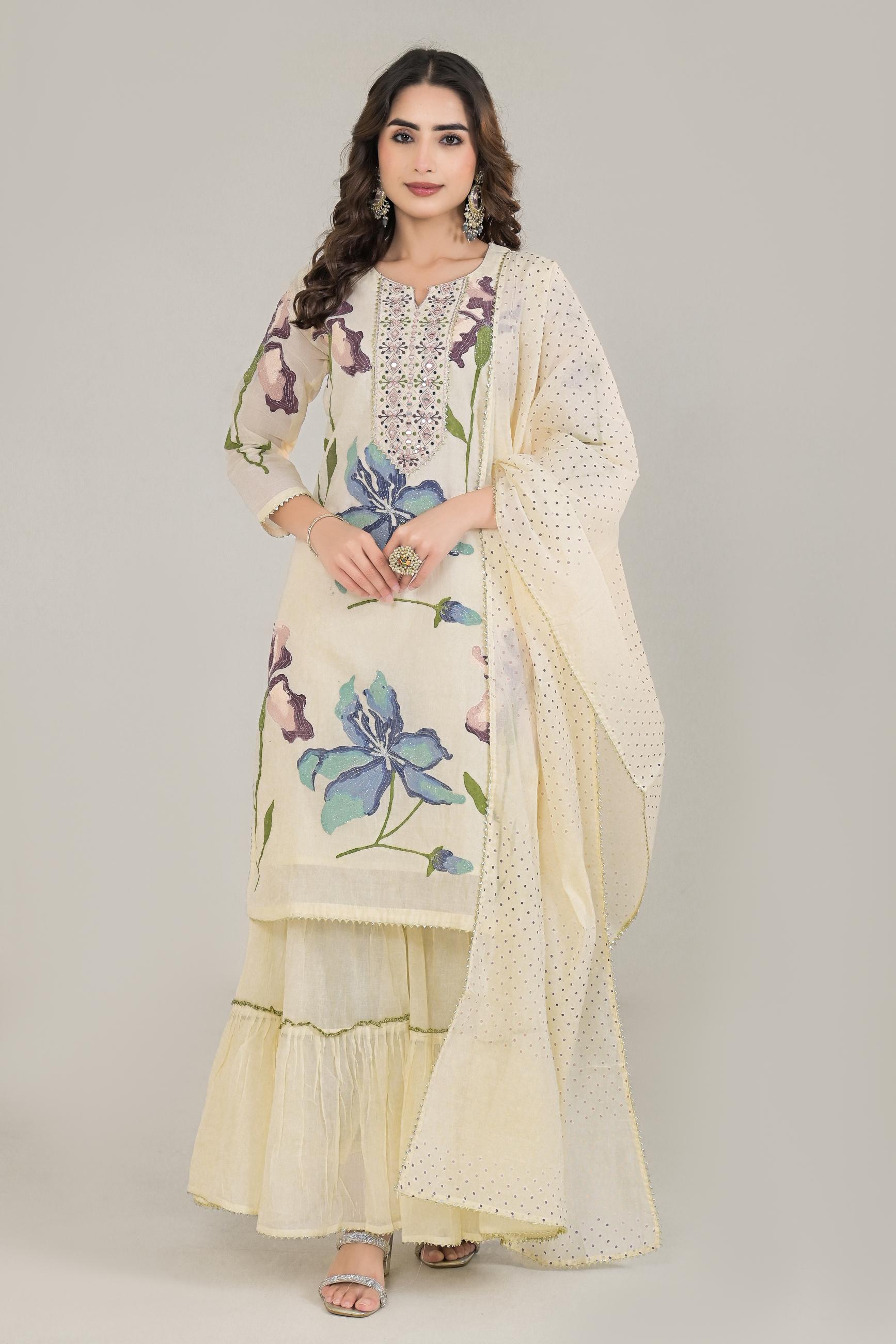 Off-White Floral Printed Cotton Silk Sharara Set