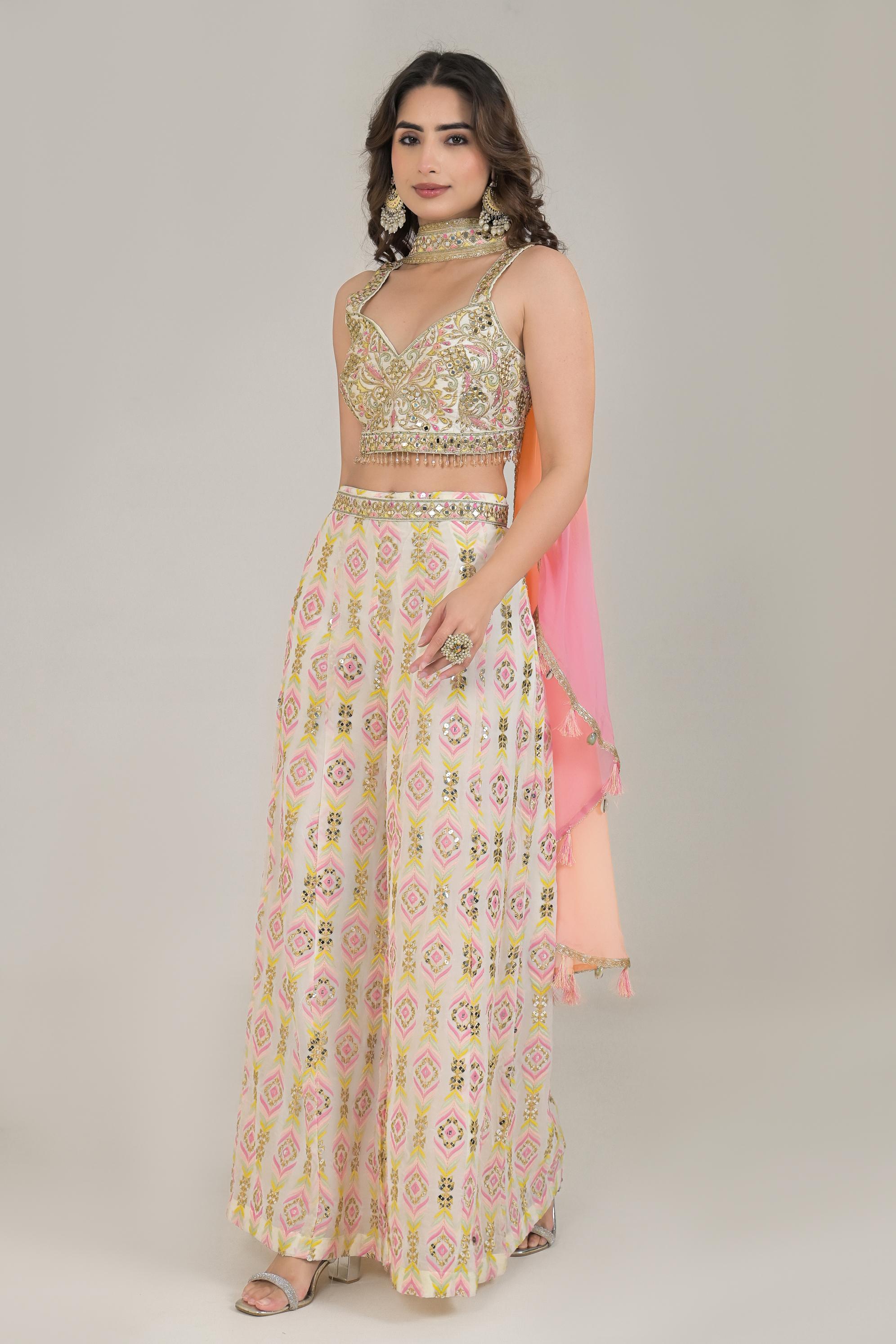 Pastel Cream Embroidered Georgette Silk Palazzo Set