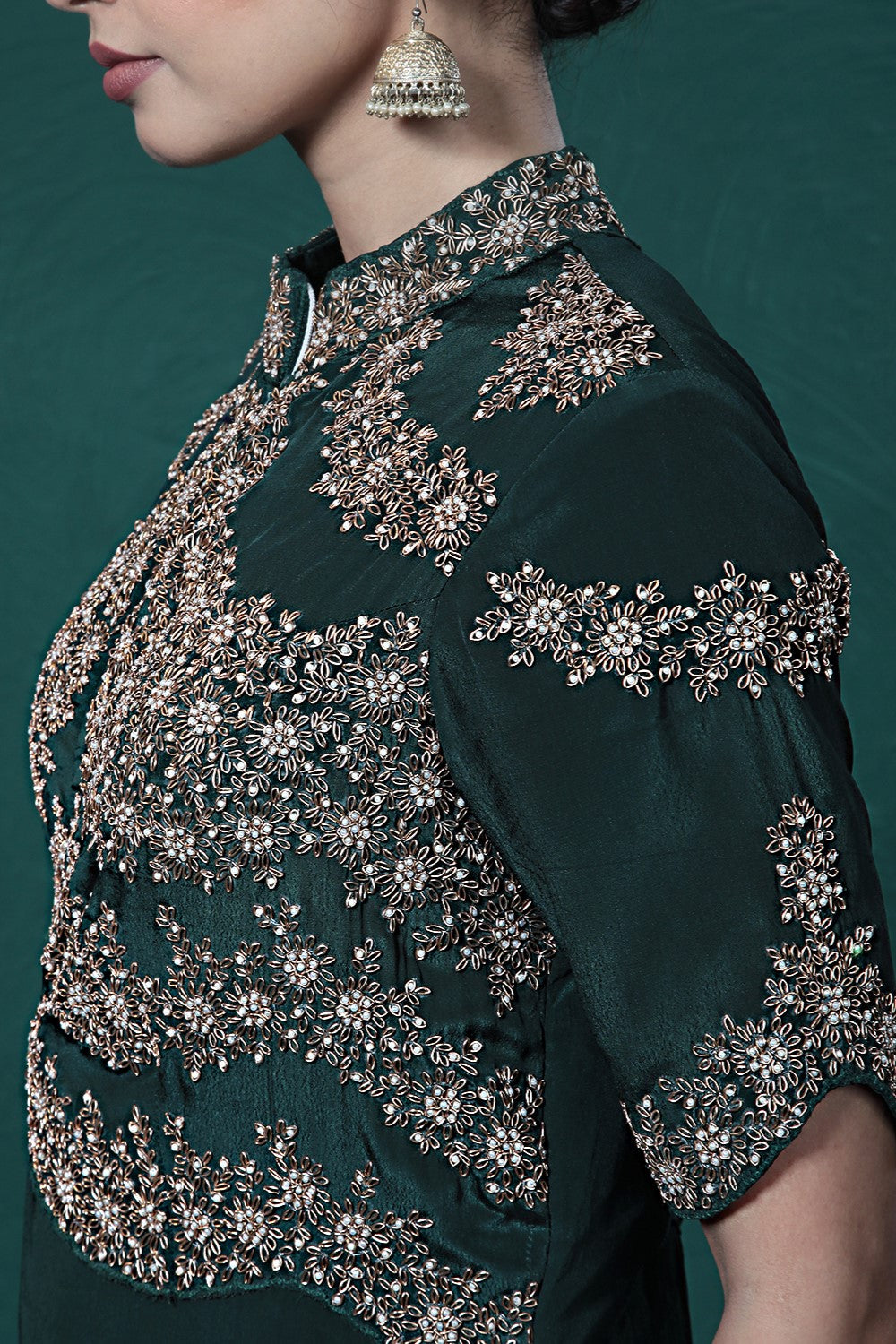 Deep Green Embroidered Crepe Silk Jumpsuit