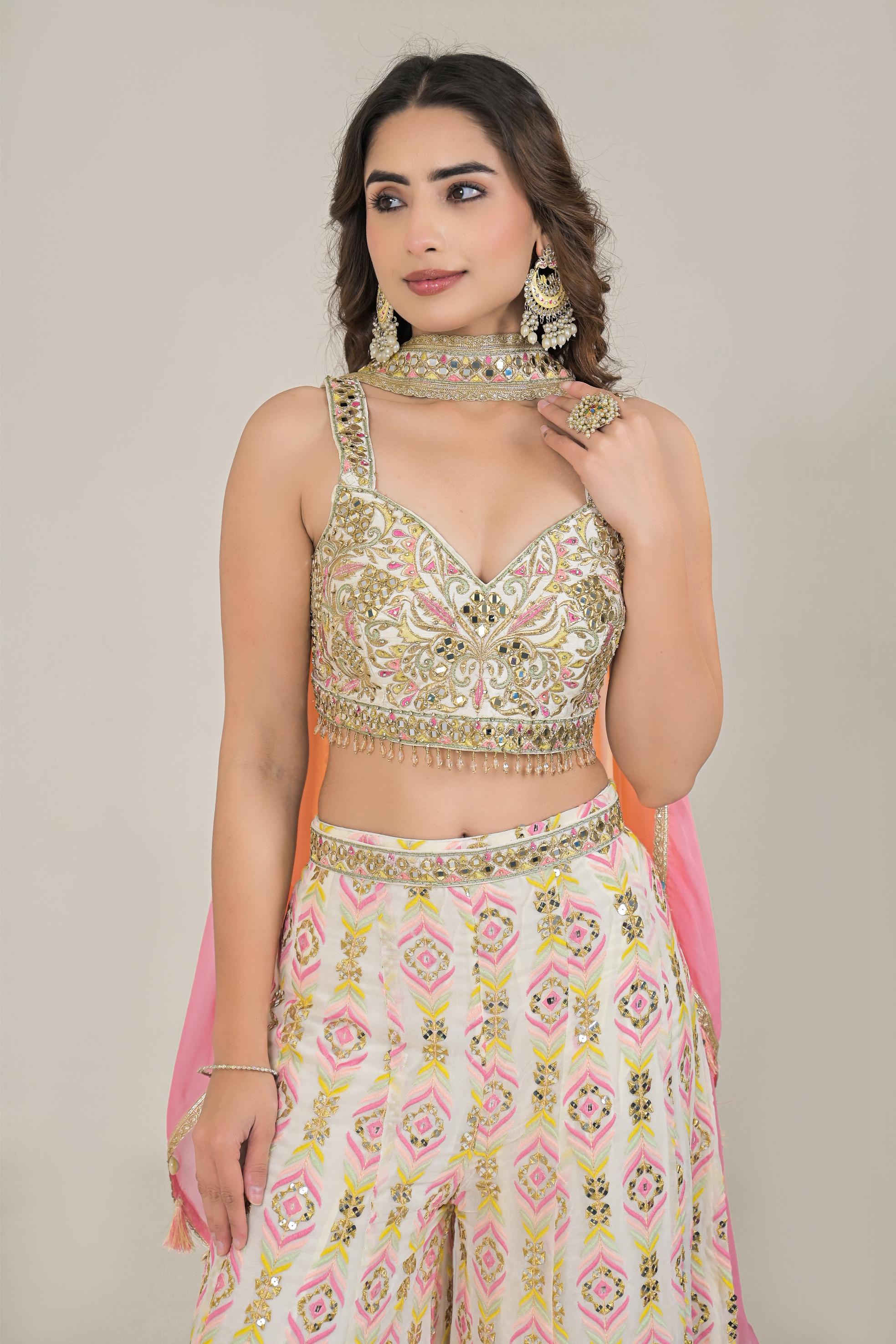 Pastel Cream Embroidered Georgette Silk Palazzo Set