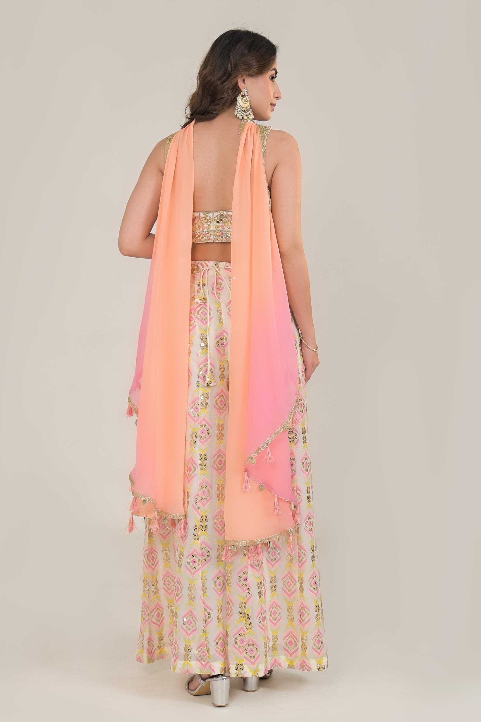 Pastel Cream Embroidered Georgette Silk Palazzo Set