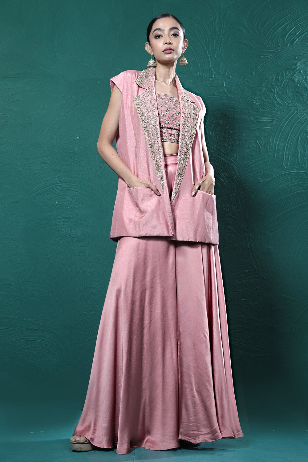 Blush Pink Embroidered Jacket & Palazzo Set