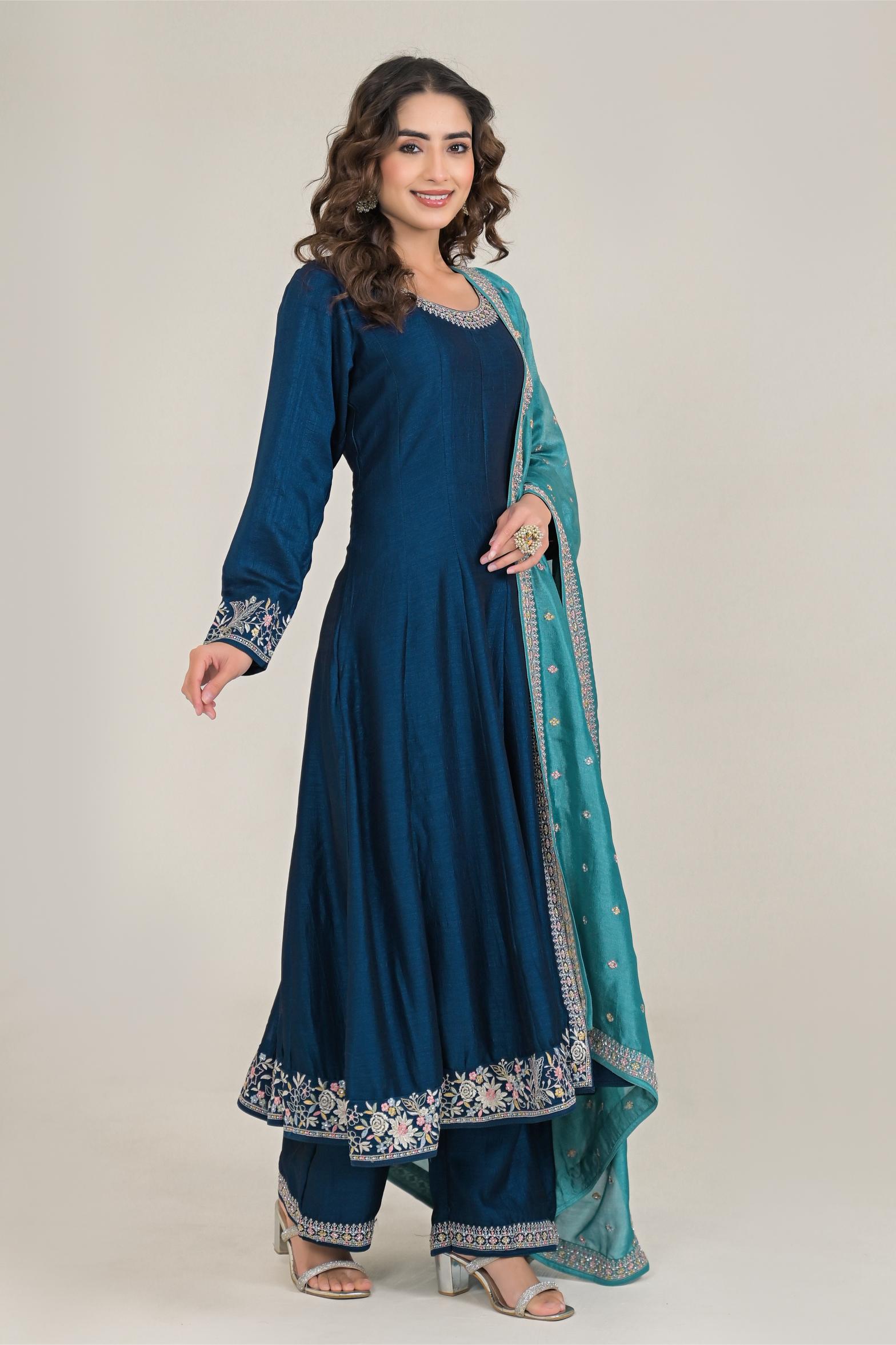 Deep Blue Embroidered Premium Silk Anarkali Set