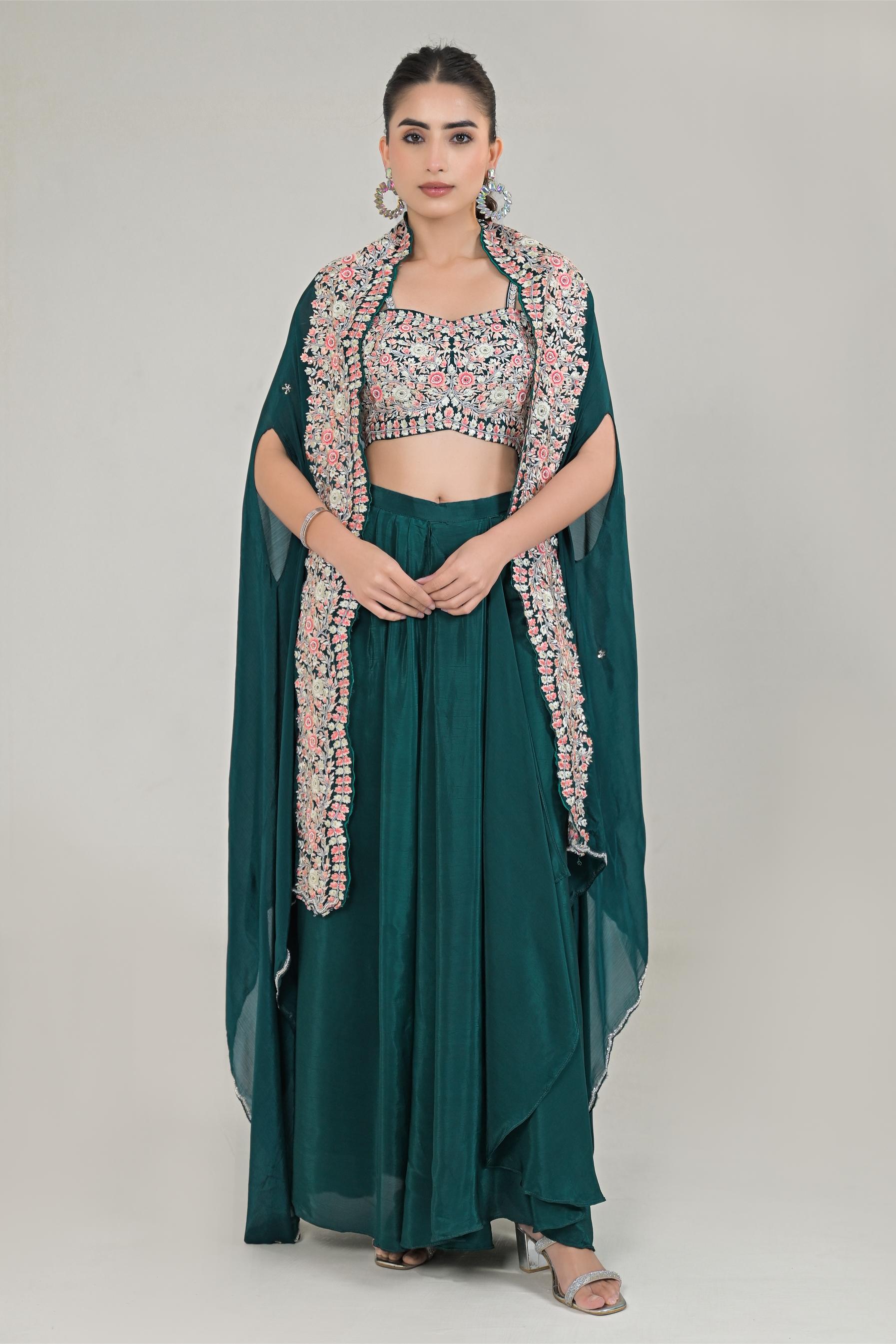 Deep Green Embroidered Chinon Silk Cape Set