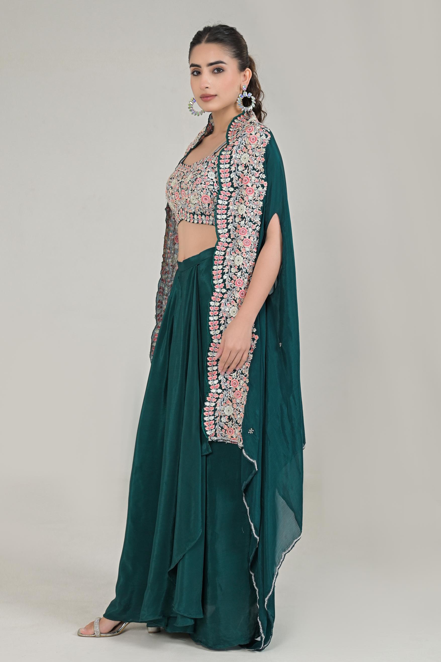 Deep Green Embroidered Chinon Silk Cape Set