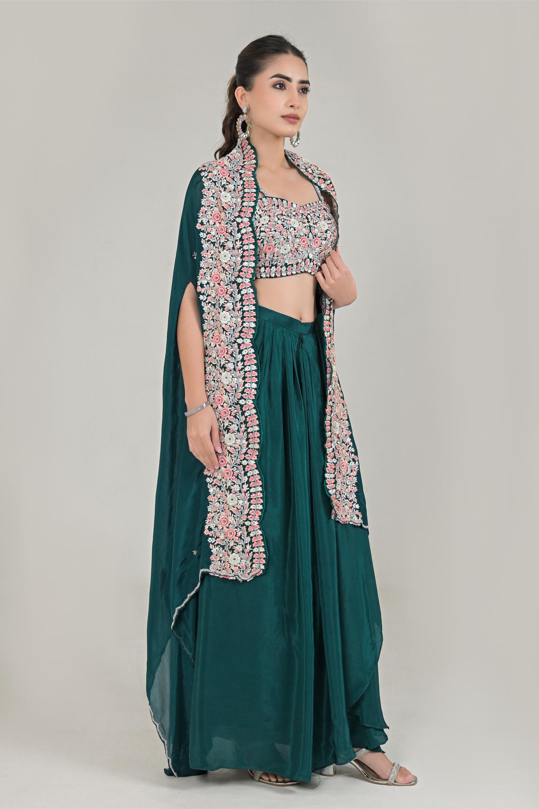 Deep Green Embroidered Chinon Silk Cape Set