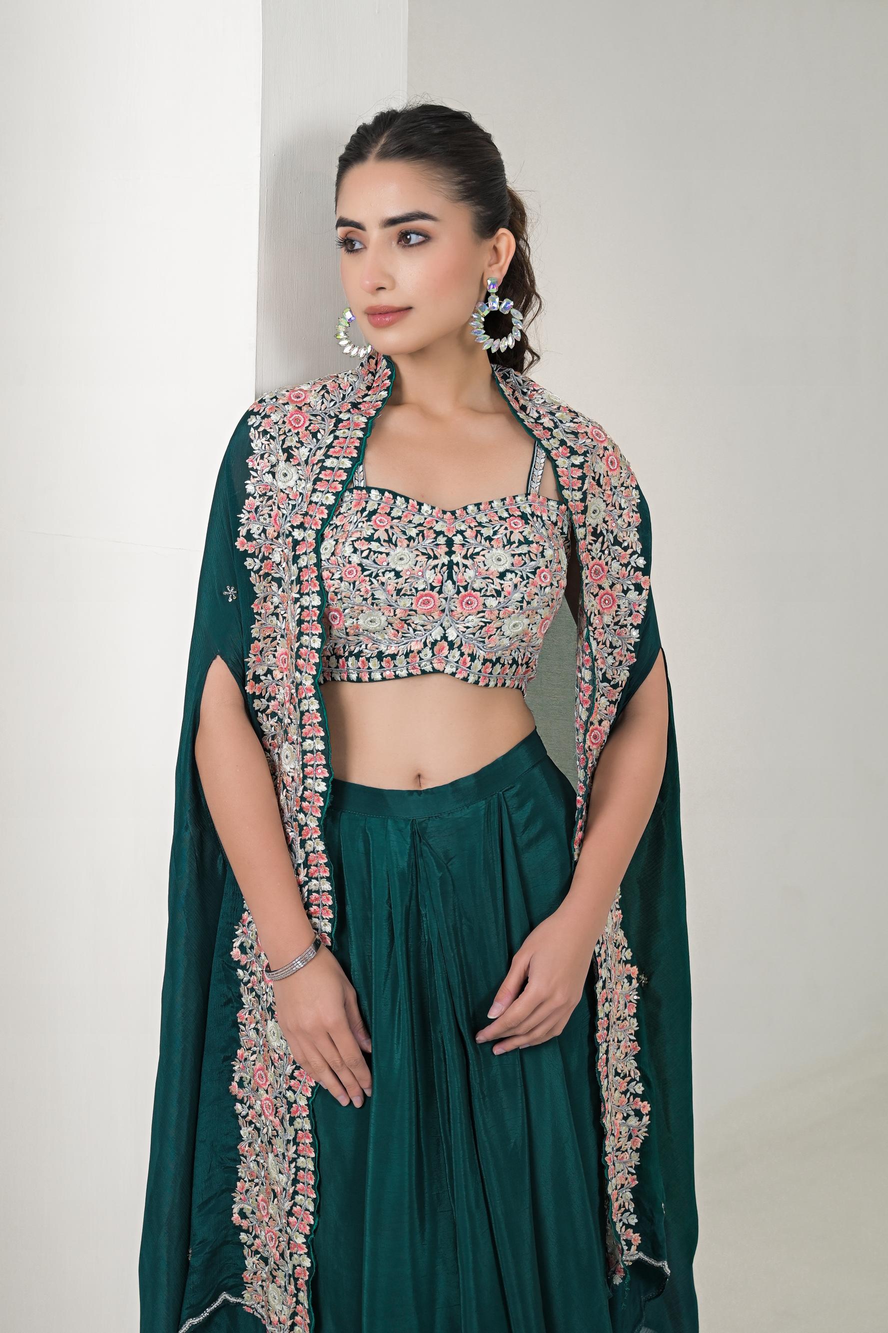 Deep Green Embroidered Chinon Silk Cape Set