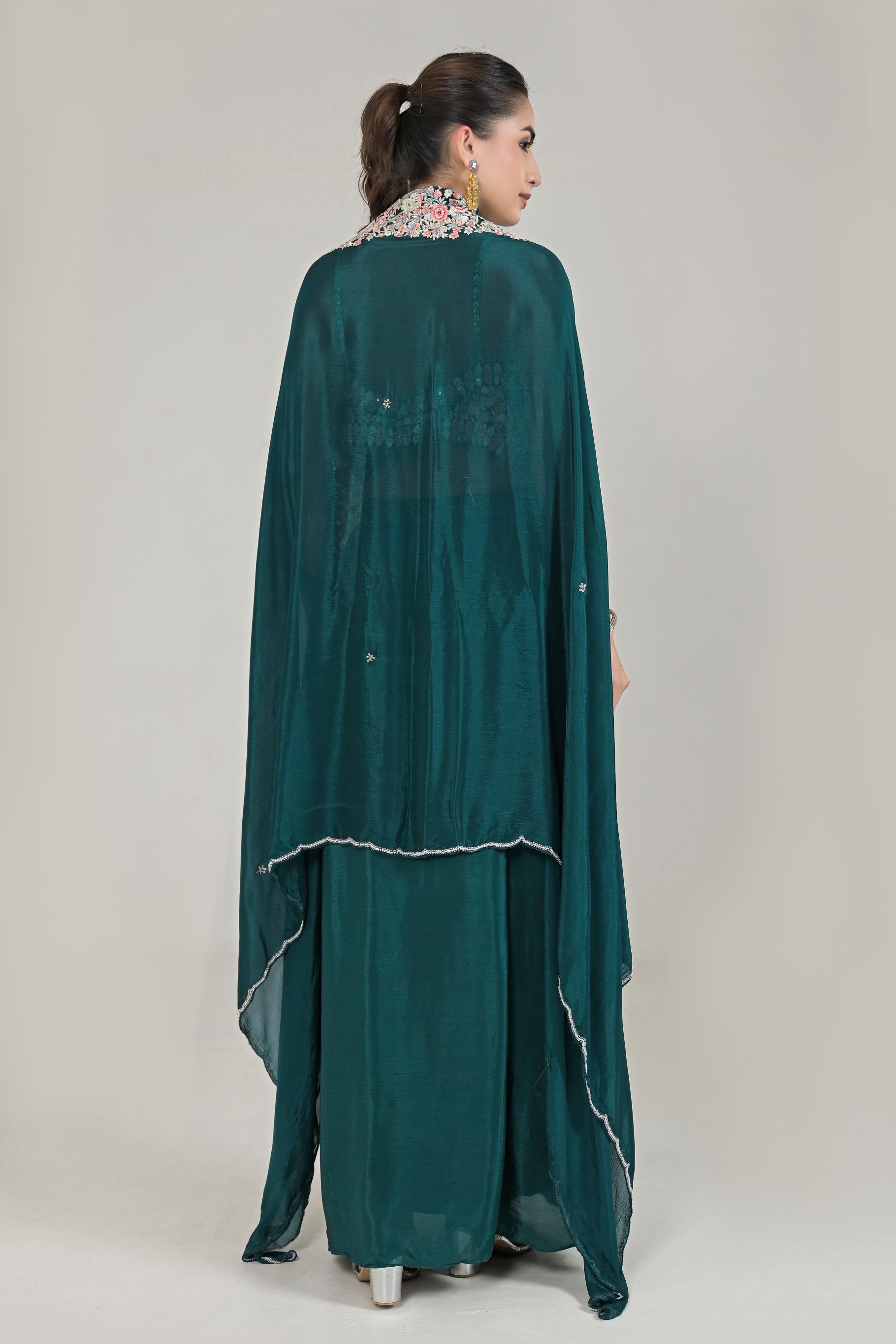 Deep Green Embroidered Chinon Silk Cape Set