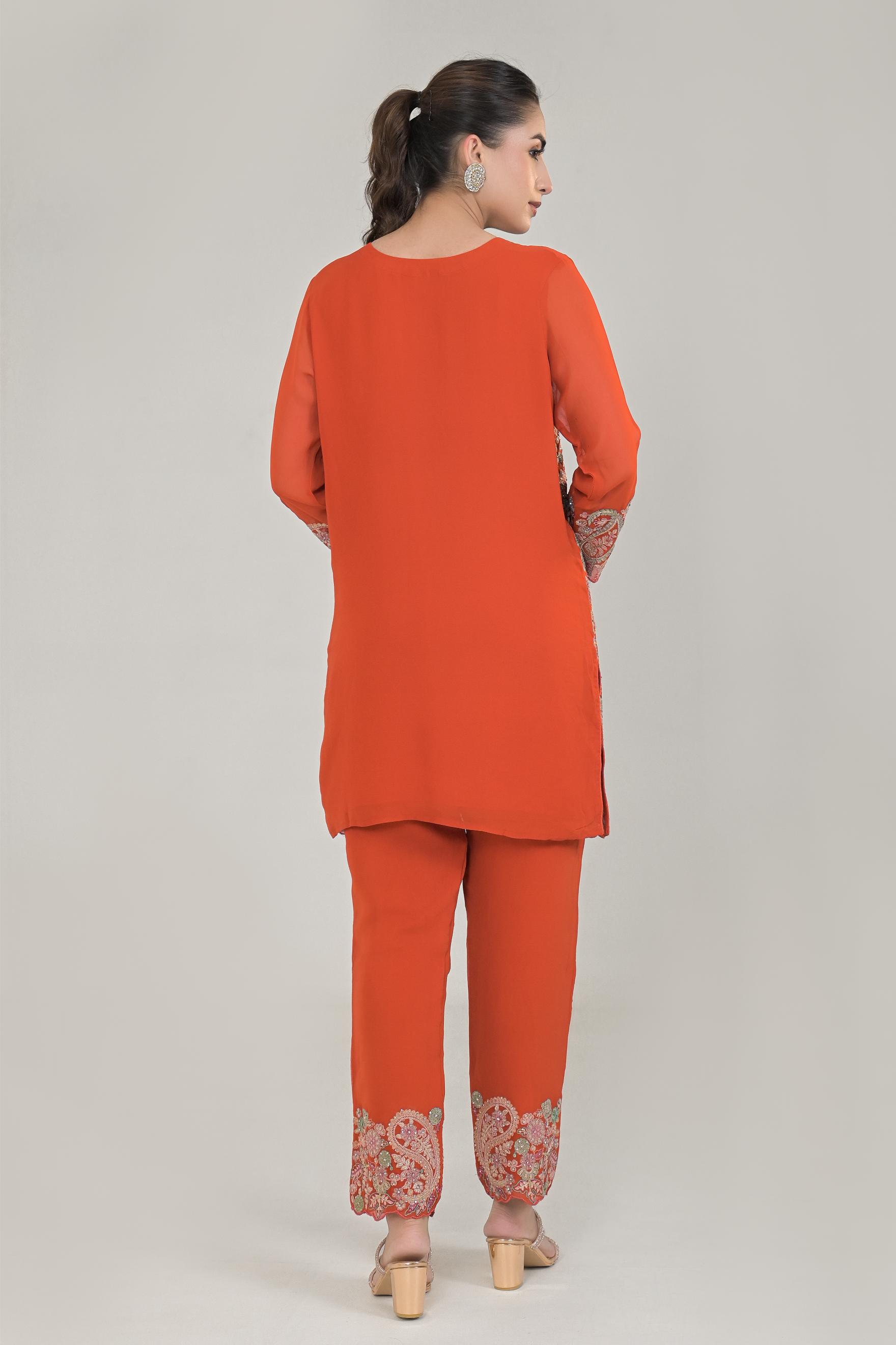 Orange Embroidered Kurta & Pants Set