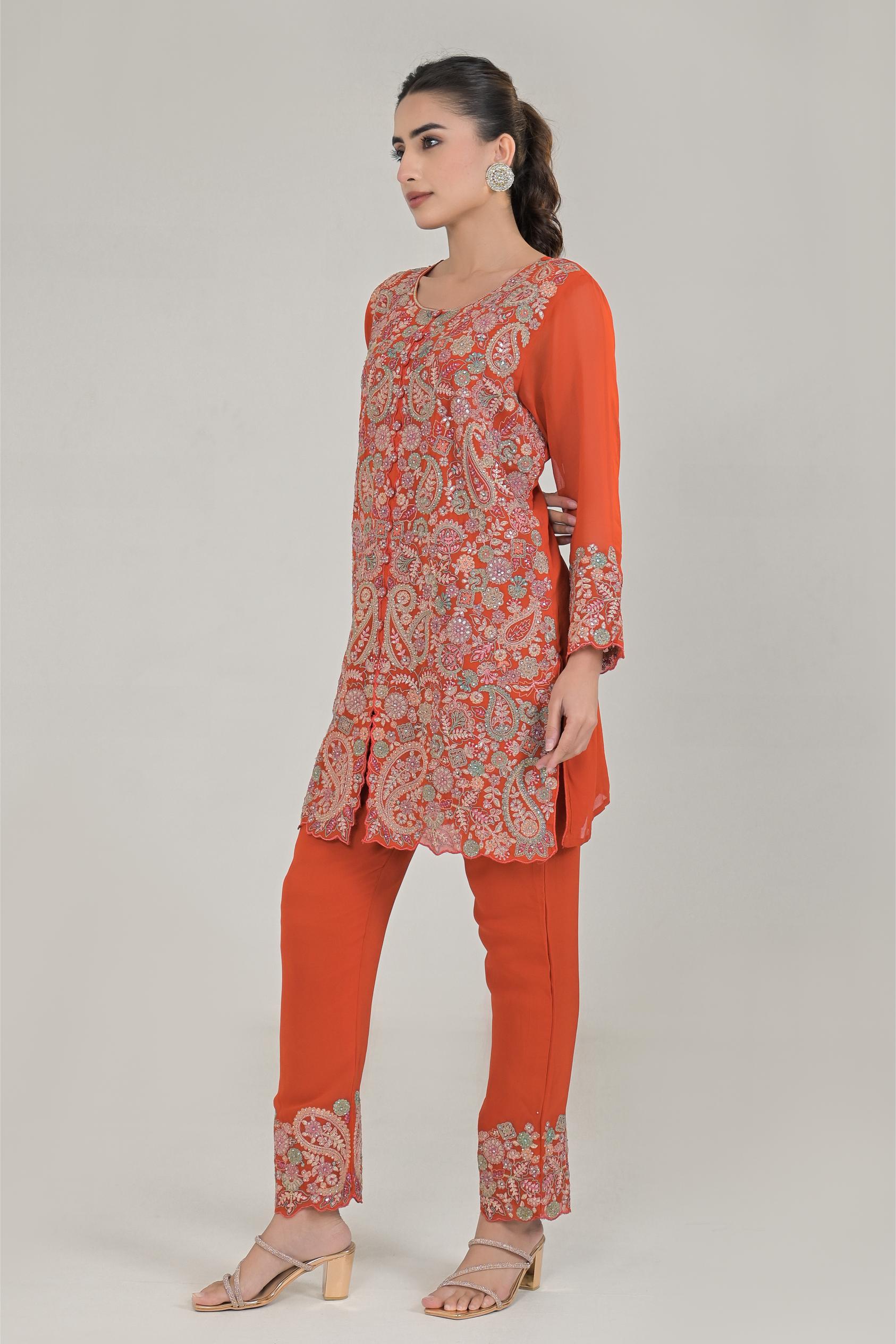 Orange Embroidered Kurta & Pants Set