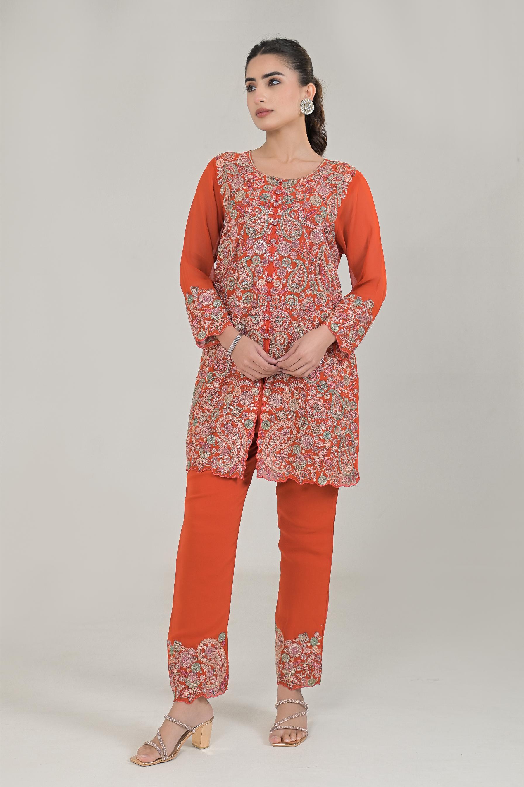 Orange Embroidered Kurta & Pants Set