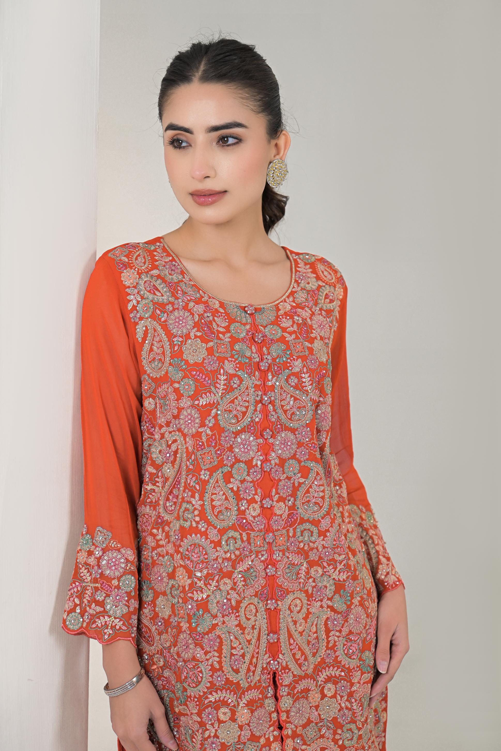 Orange Embroidered Kurta & Pants Set