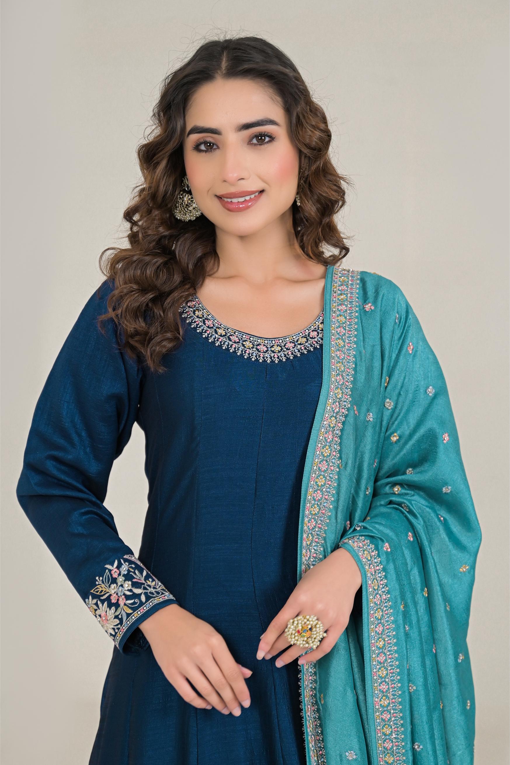 Deep Blue Embroidered Premium Silk Anarkali Set