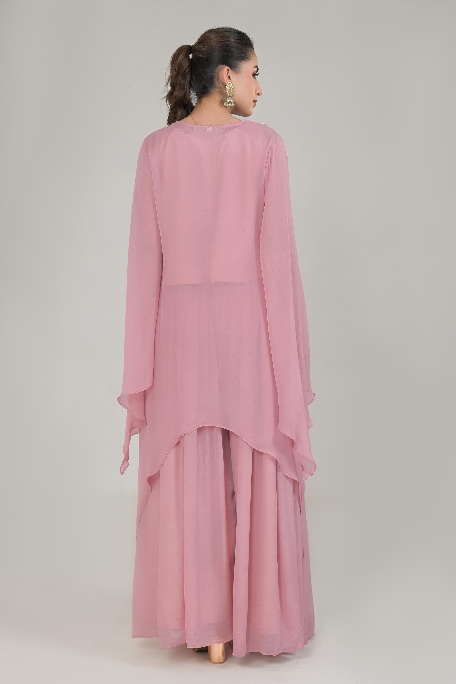 Pastel Pink Embellished Chinon Silk Palazzo Set