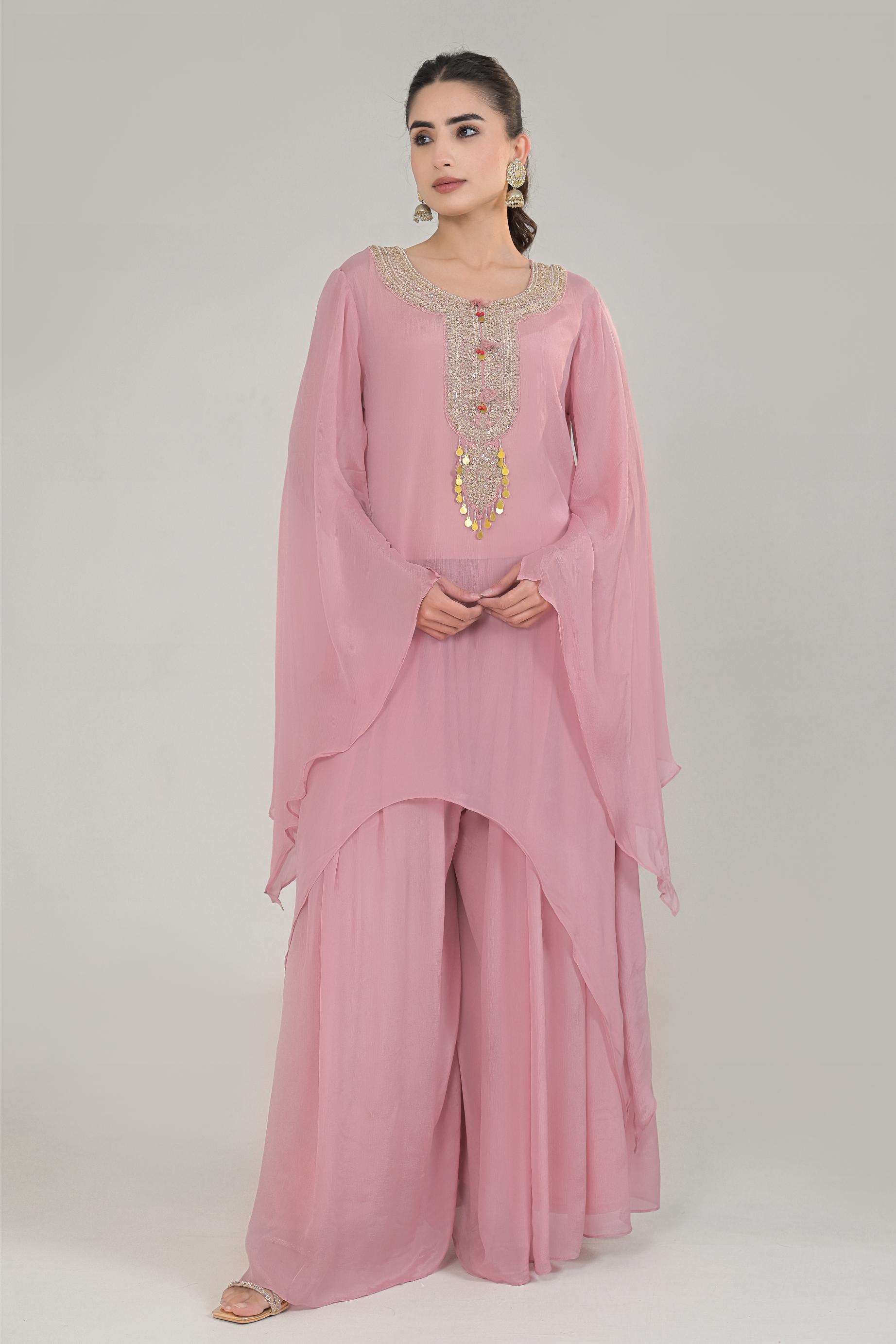 Pastel Pink Embellished Chinon Silk Palazzo Set