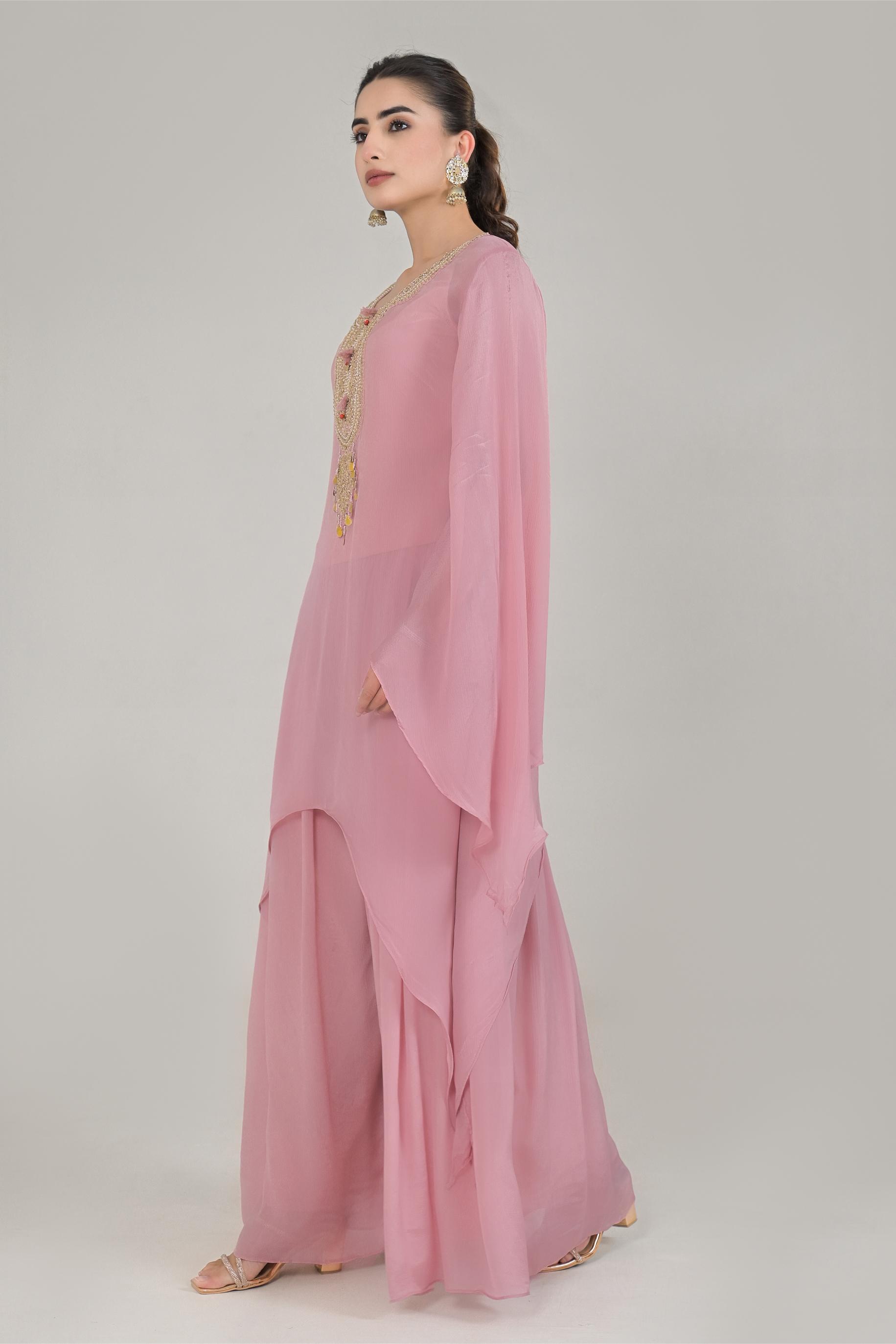 Pastel Pink Embellished Chinon Silk Palazzo Set