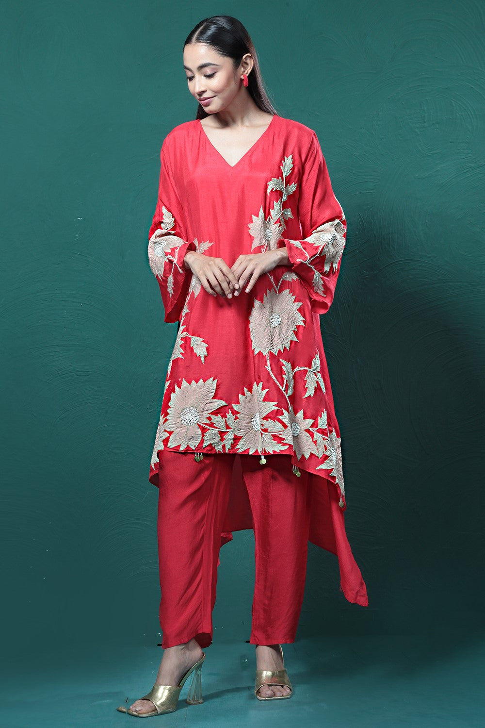 Red Embroidered Kurta Set