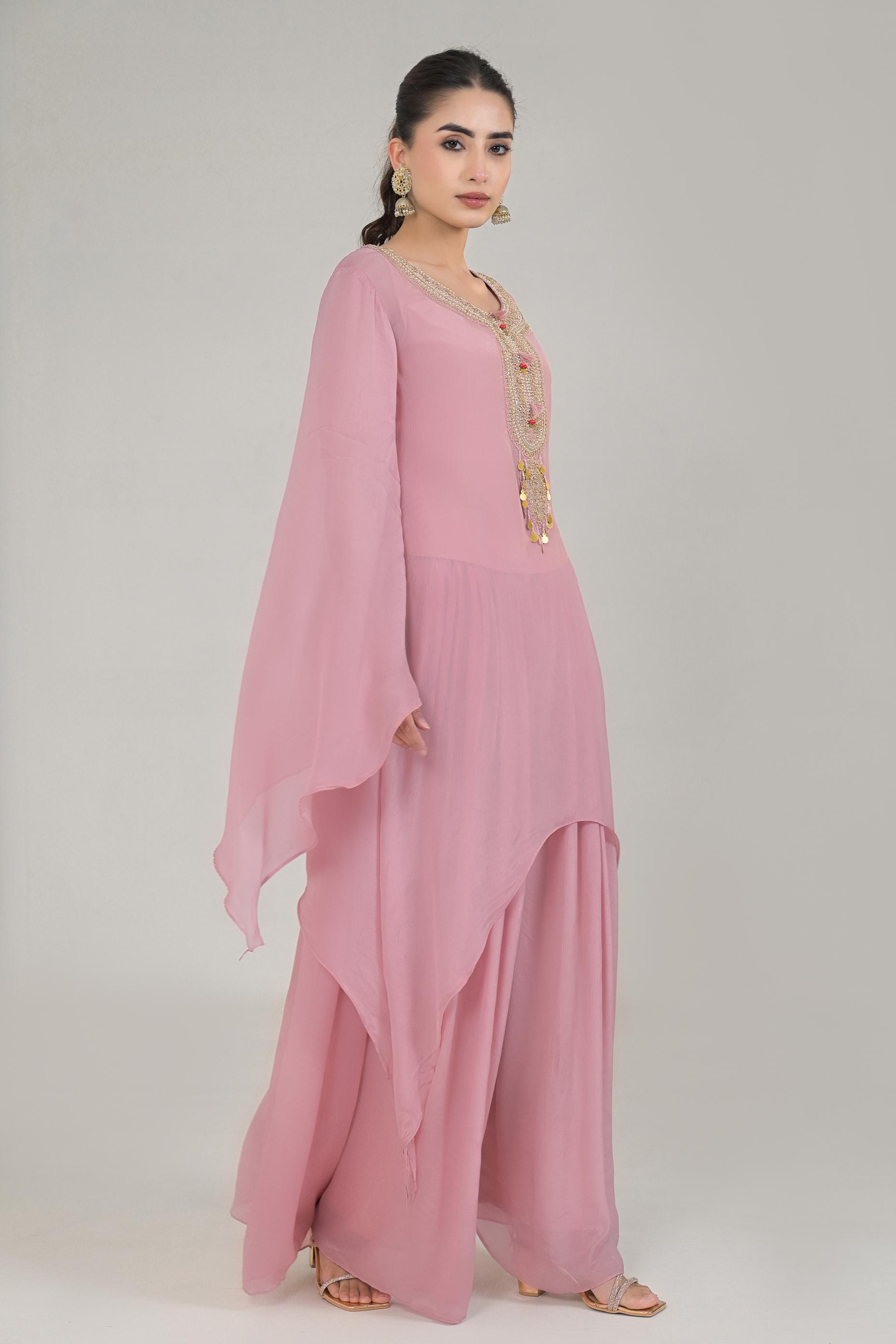 Pastel Pink Embellished Chinon Silk Palazzo Set