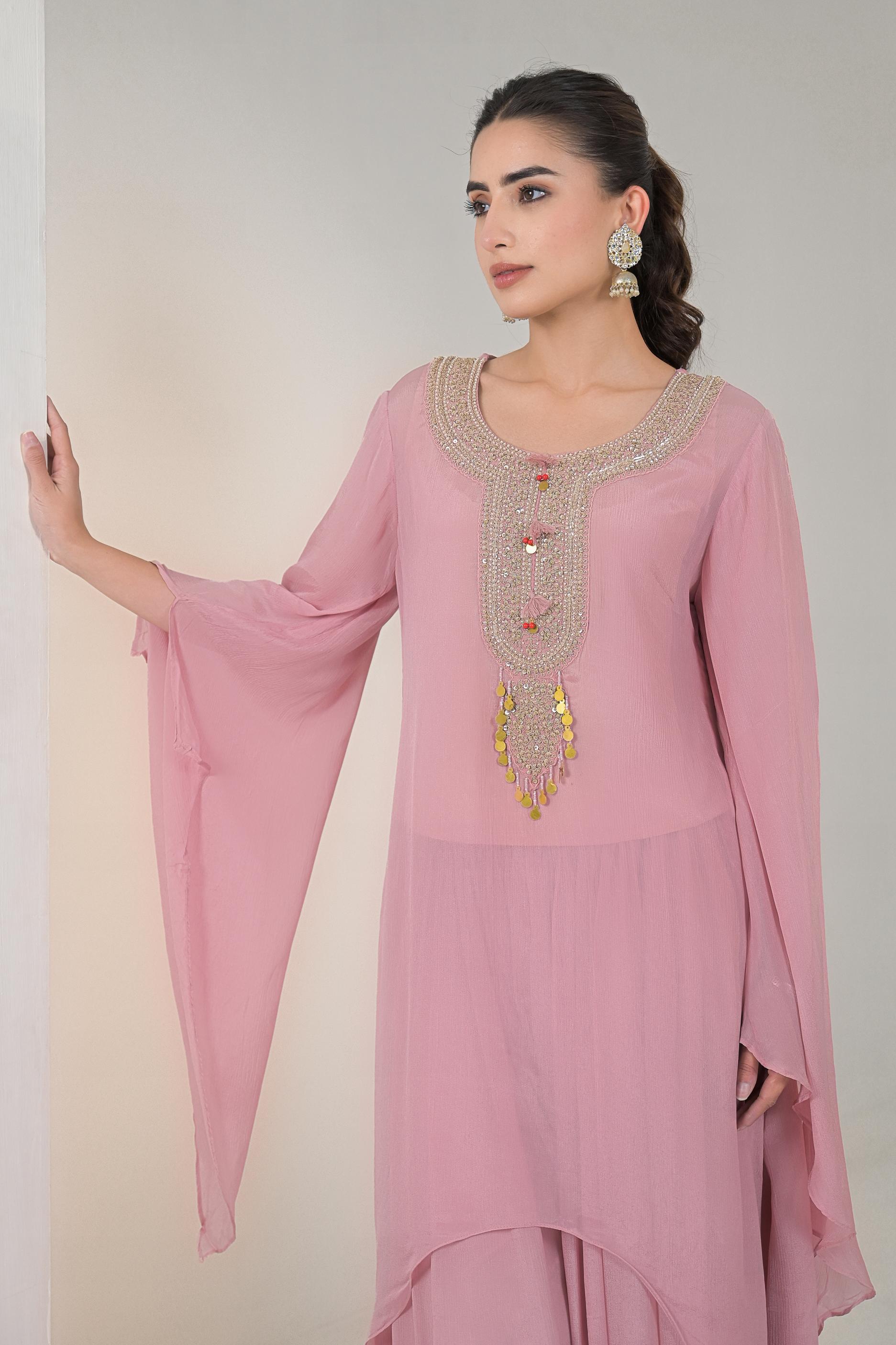 Pastel Pink Embellished Chinon Silk Palazzo Set