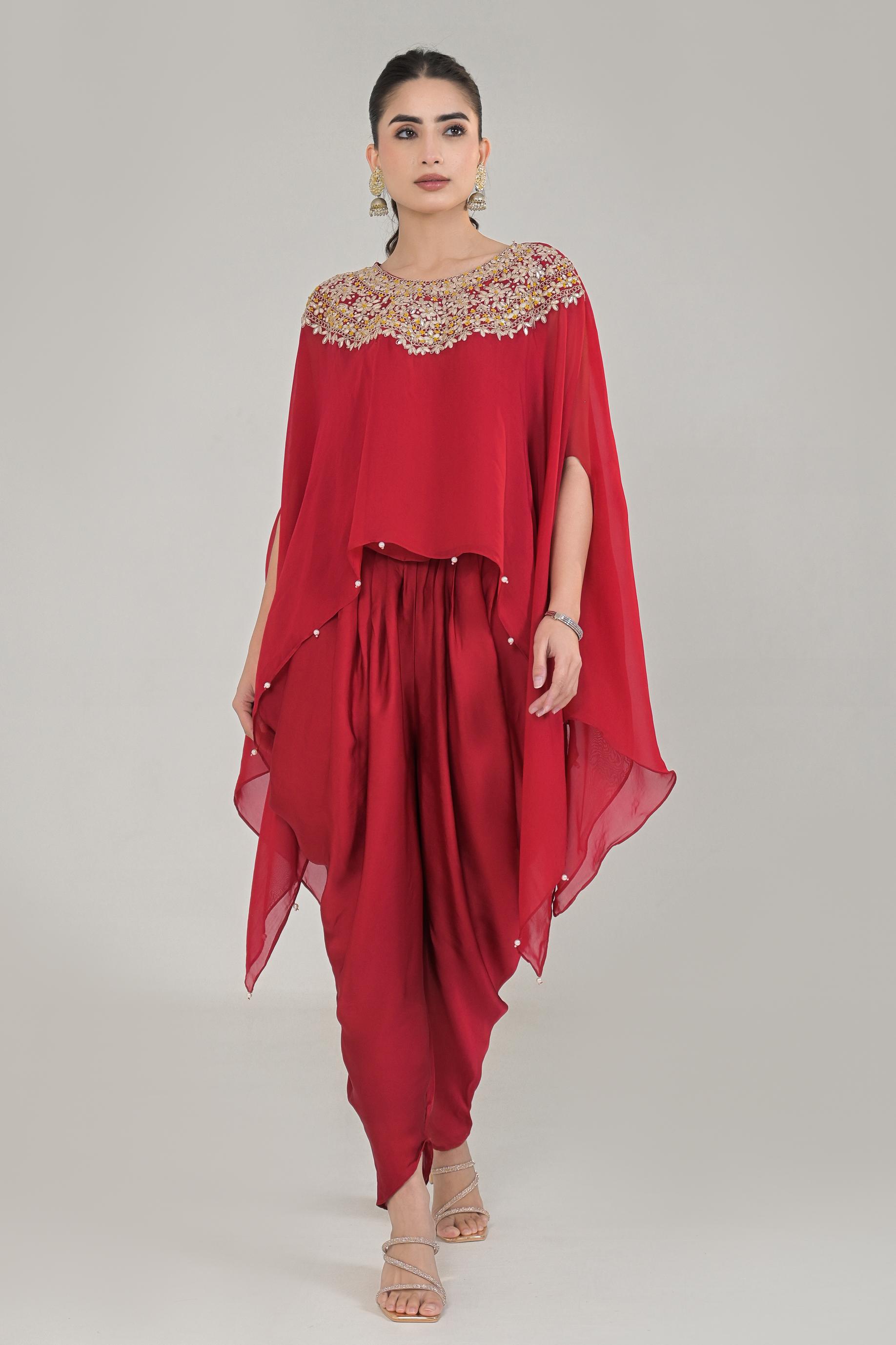 Deep Red Embroidered Organza Silk Kaftan Set