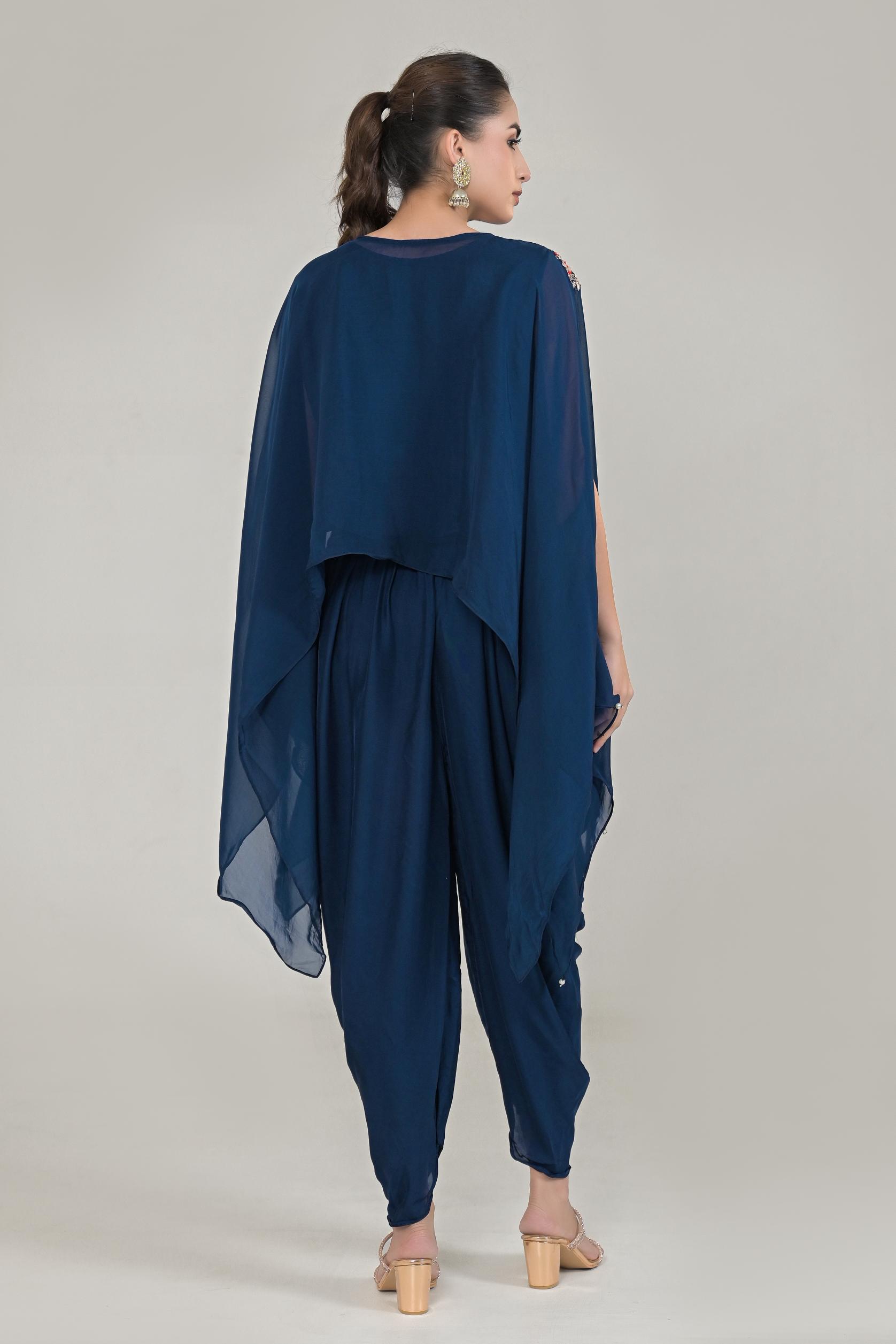 Deep Blue Embroidered Organza Silk Kaftan Set