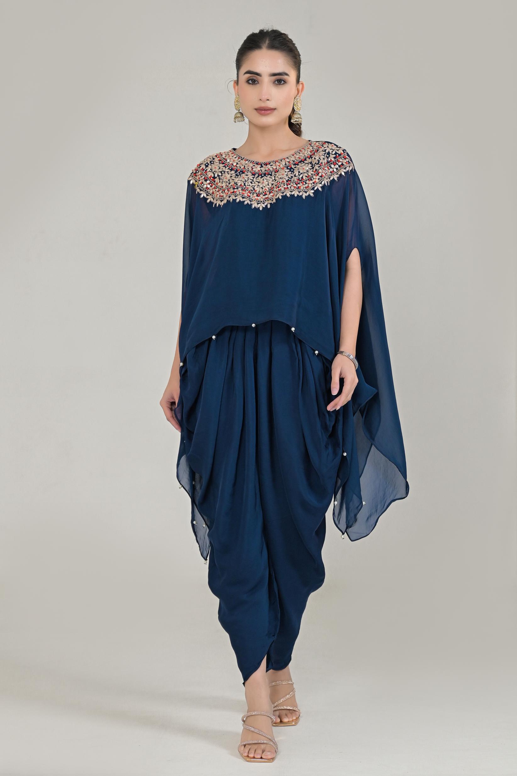 Deep Blue Embroidered Organza Silk Kaftan Set