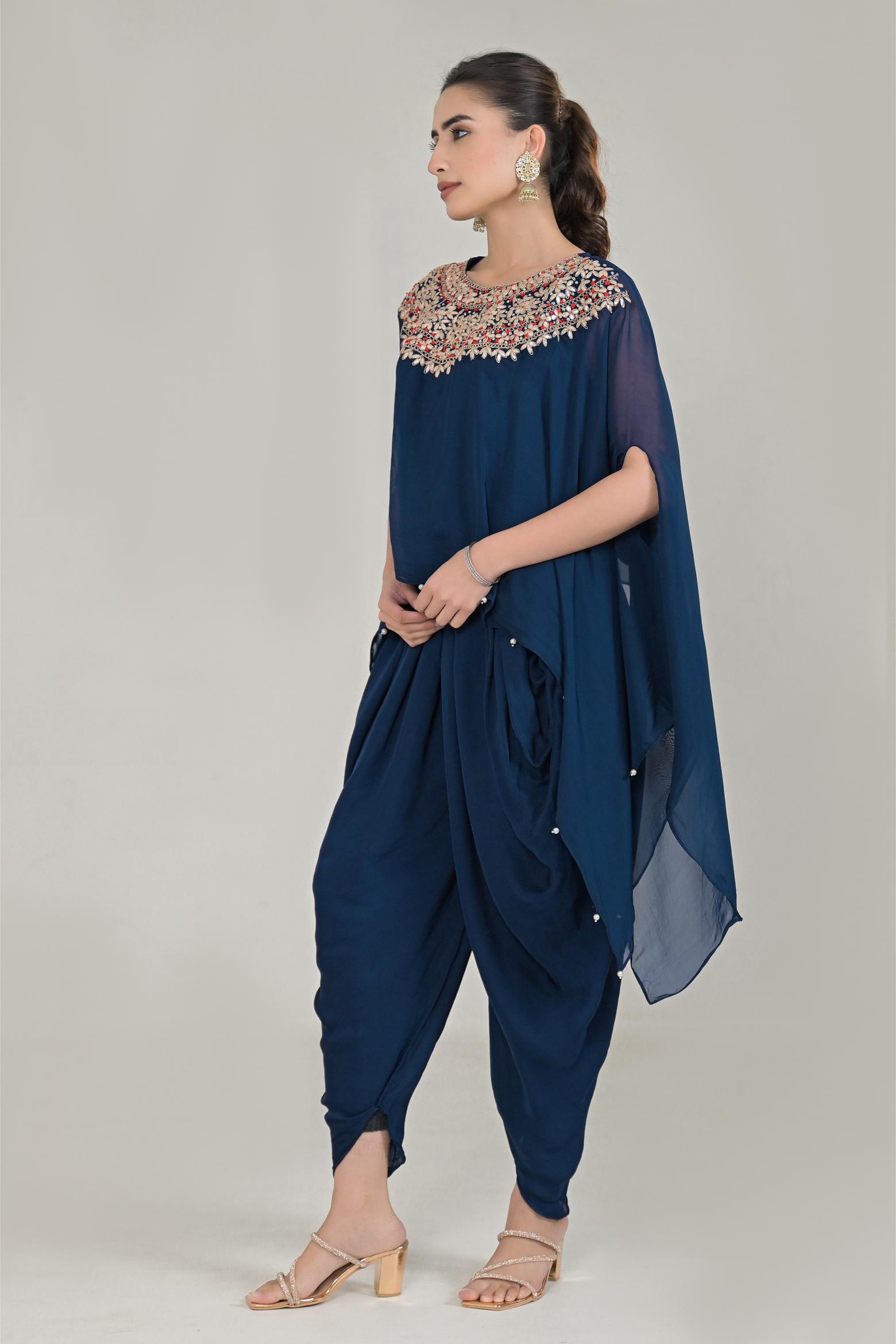 Deep Blue Embroidered Organza Silk Kaftan Set