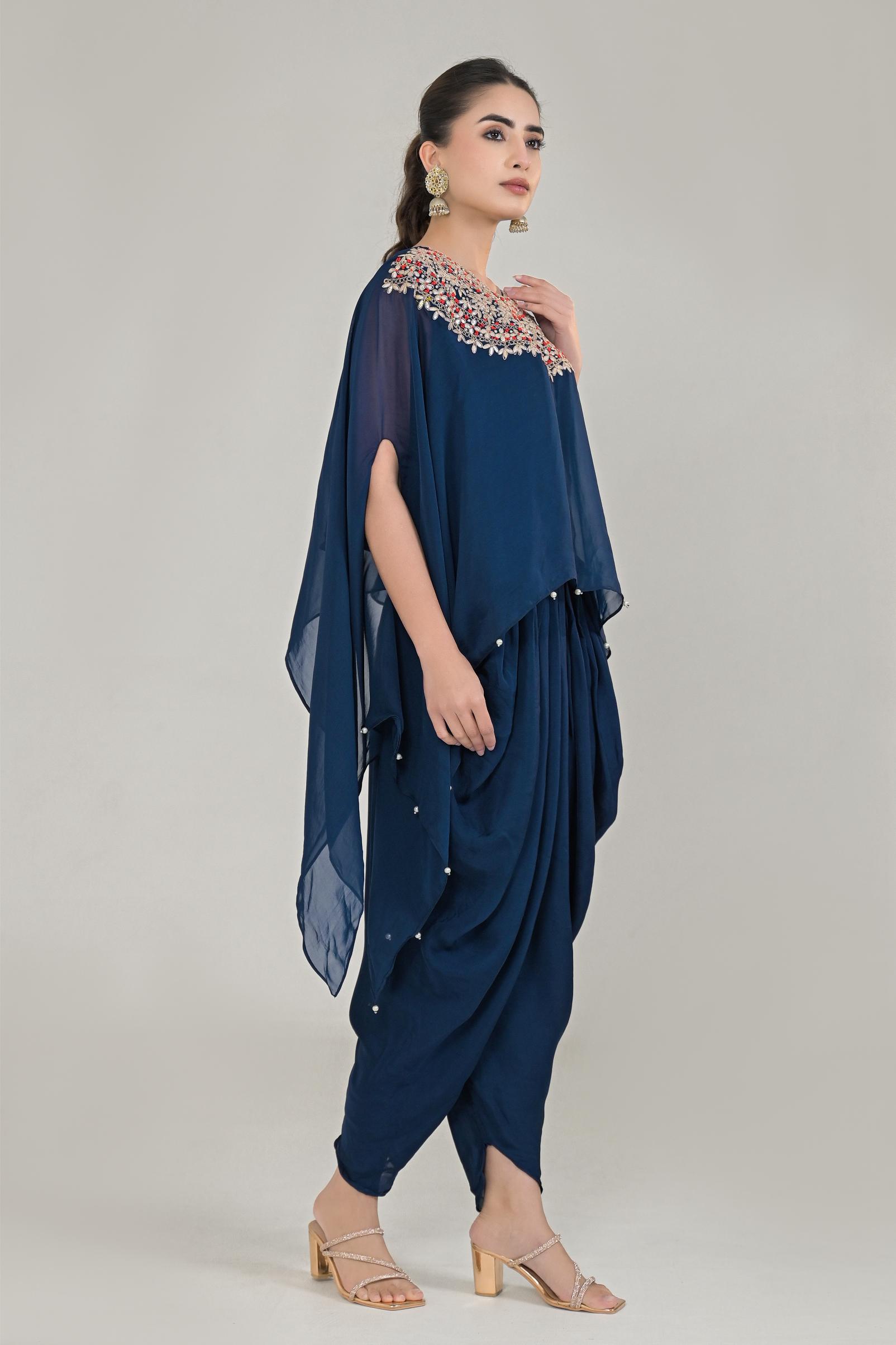 Deep Blue Embroidered Organza Silk Kaftan Set